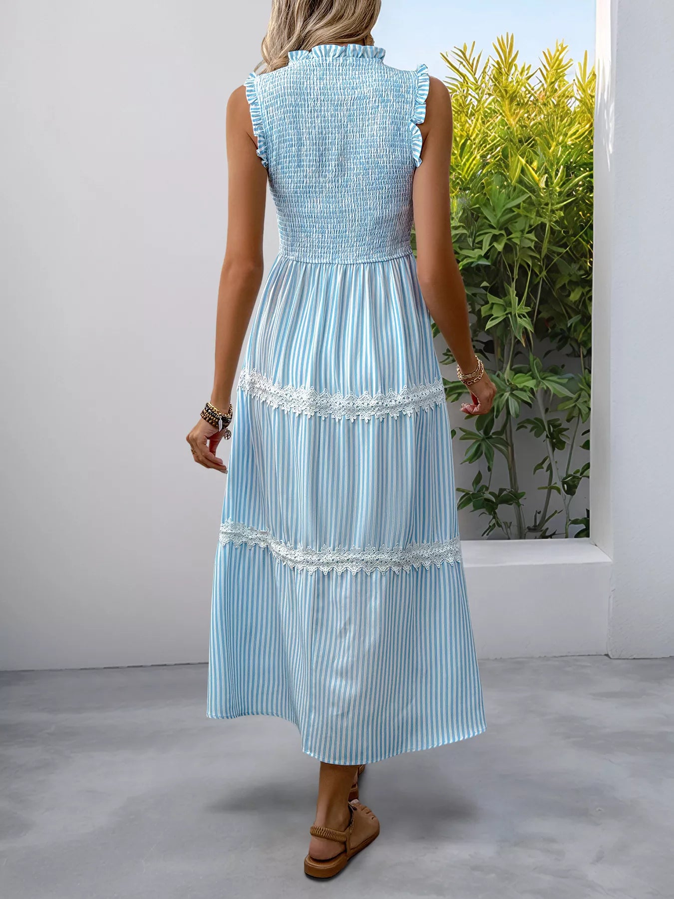 Striped Smocked Sleeveless Tiered Midi Dress