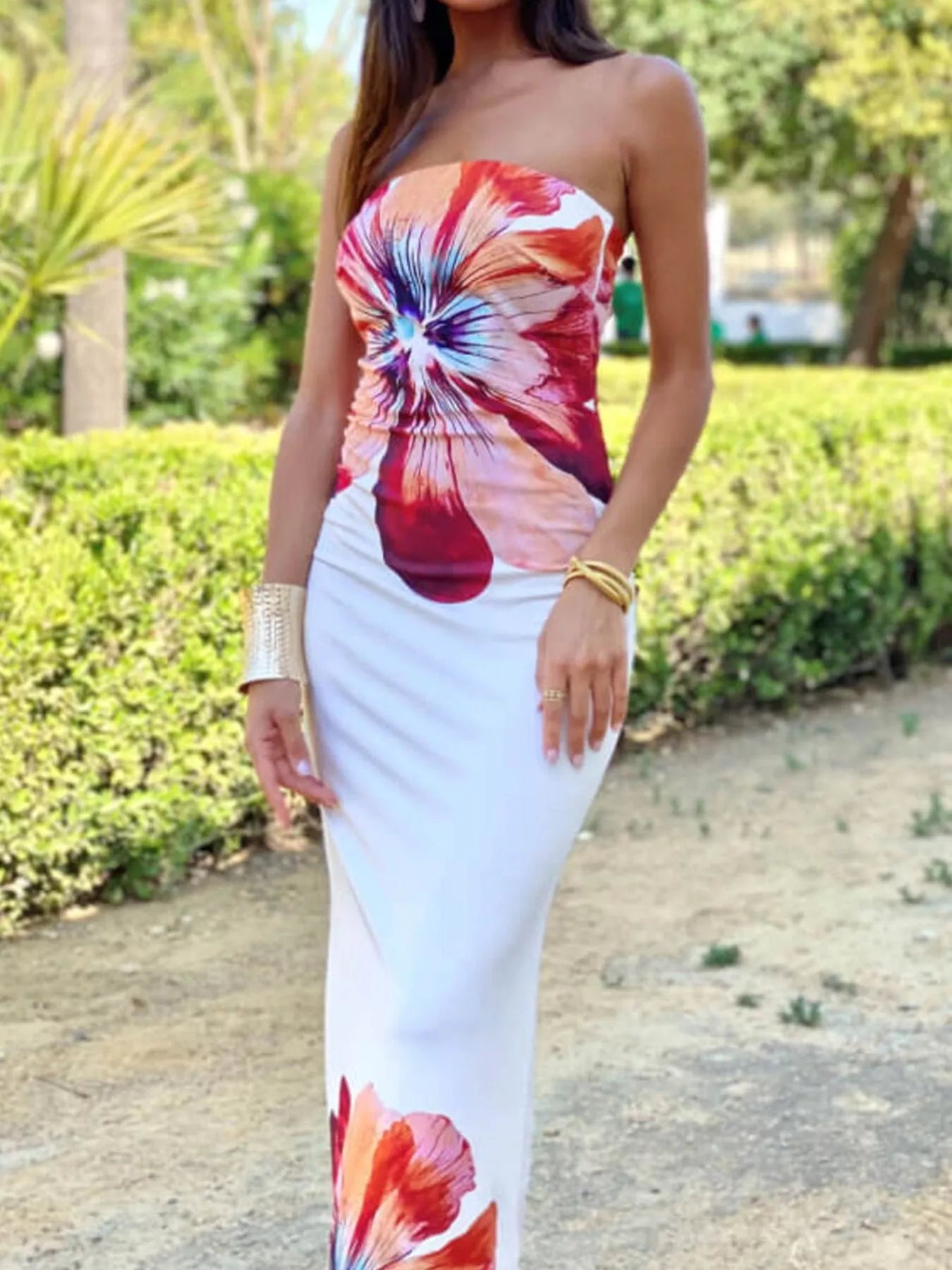 Floral Print Strapless Bodycon Maxi Dress