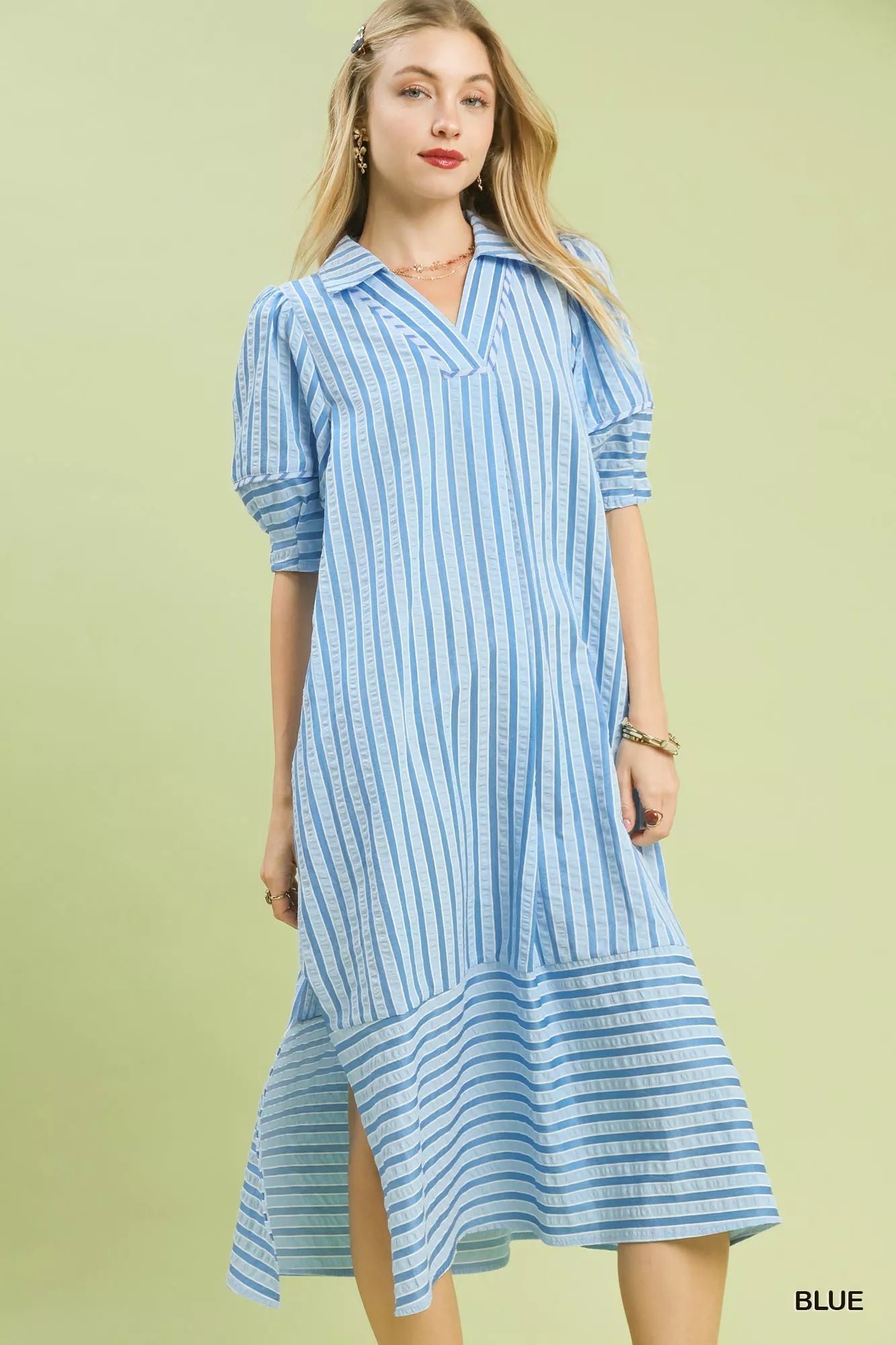 Umgee Striped Puff Sleeve Midi Dress