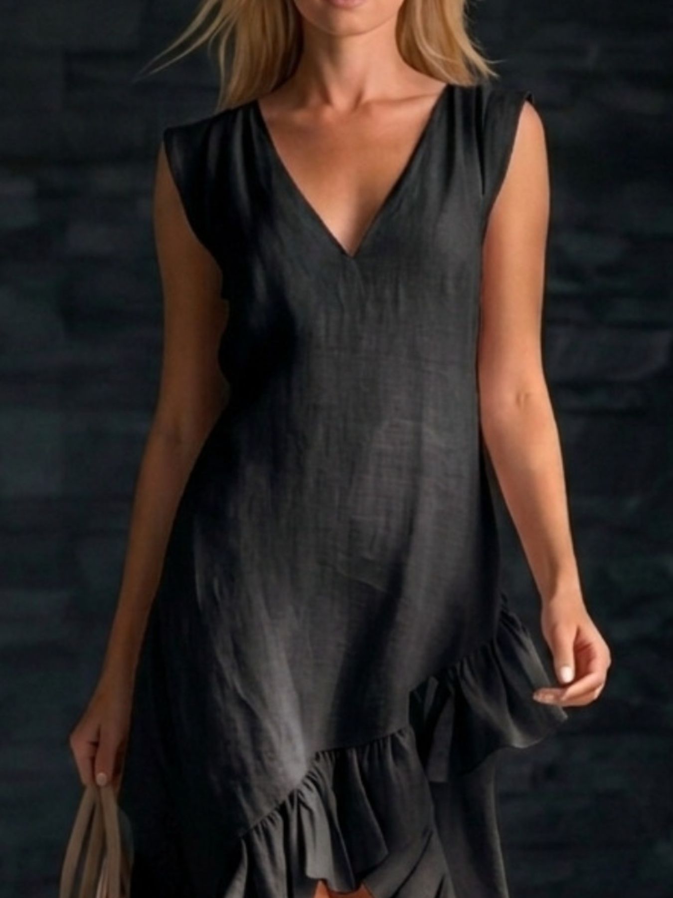 Sleeveless V-Neck Ruffle Hem High-Low Dress