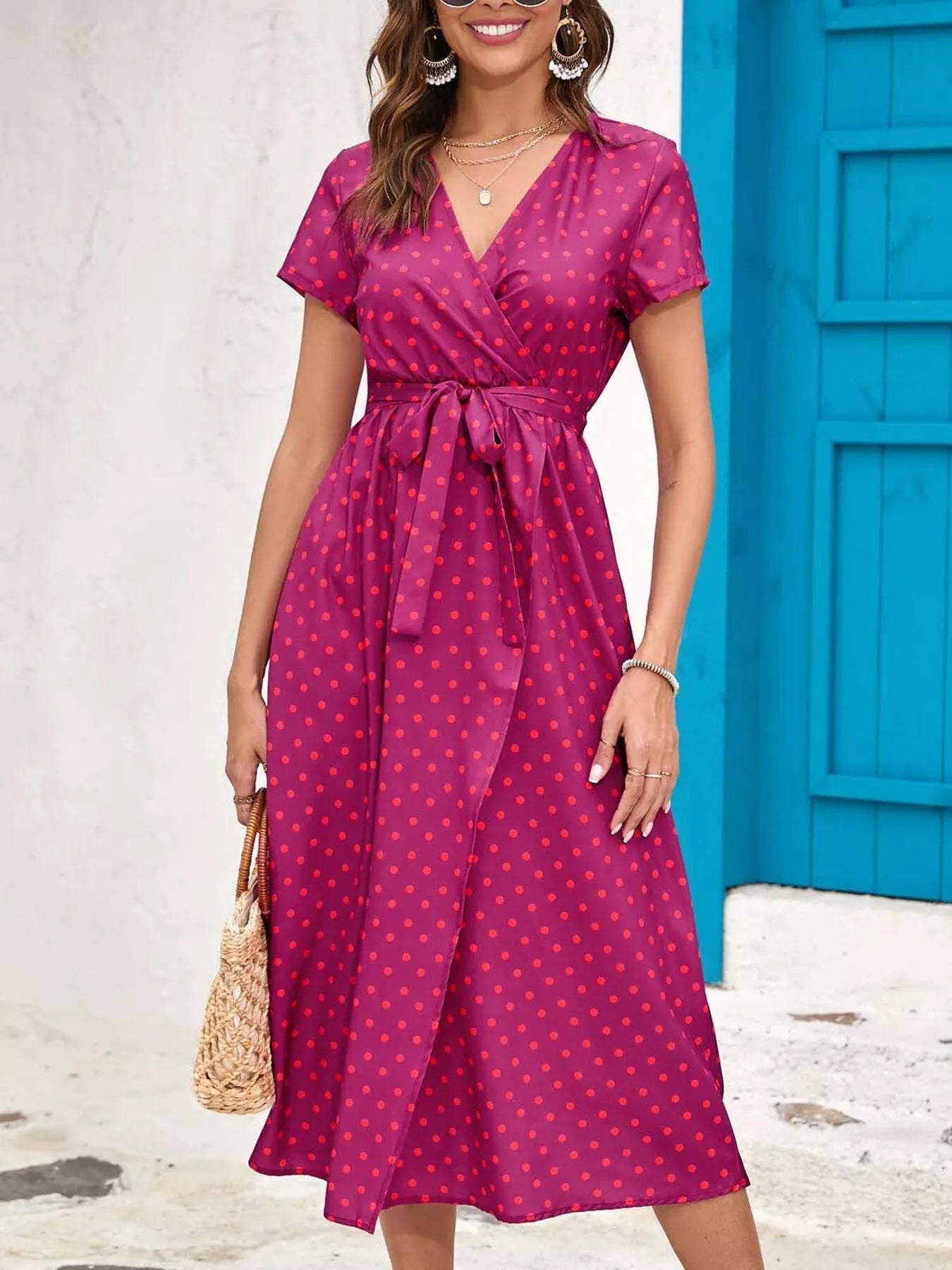 Surplice Short Sleeve Midi Dress