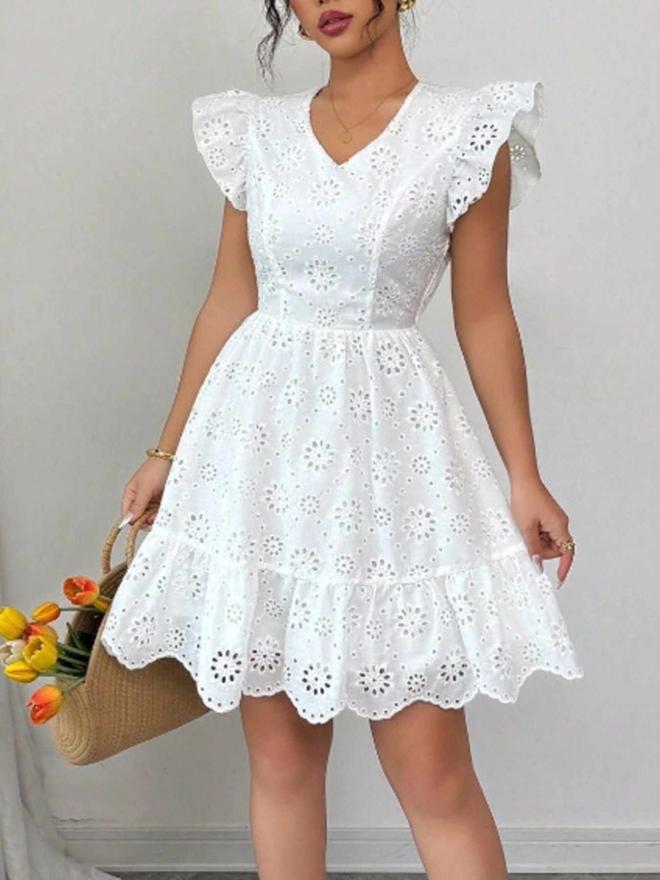 Eyelet Ruffle Sleeve Mini Dress