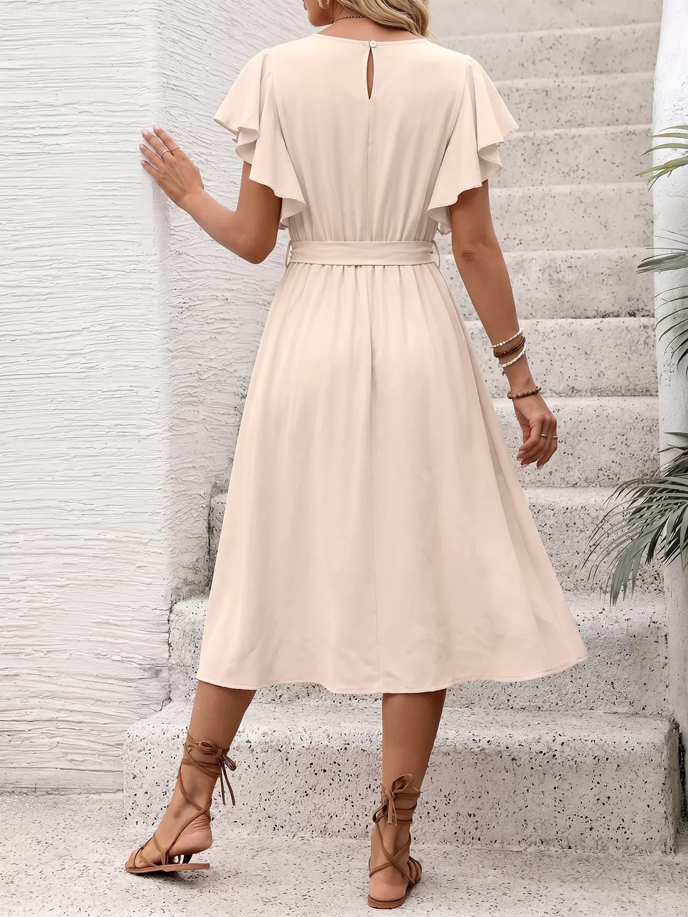 Ruffle Sleeve Tie Waist Midi Dress