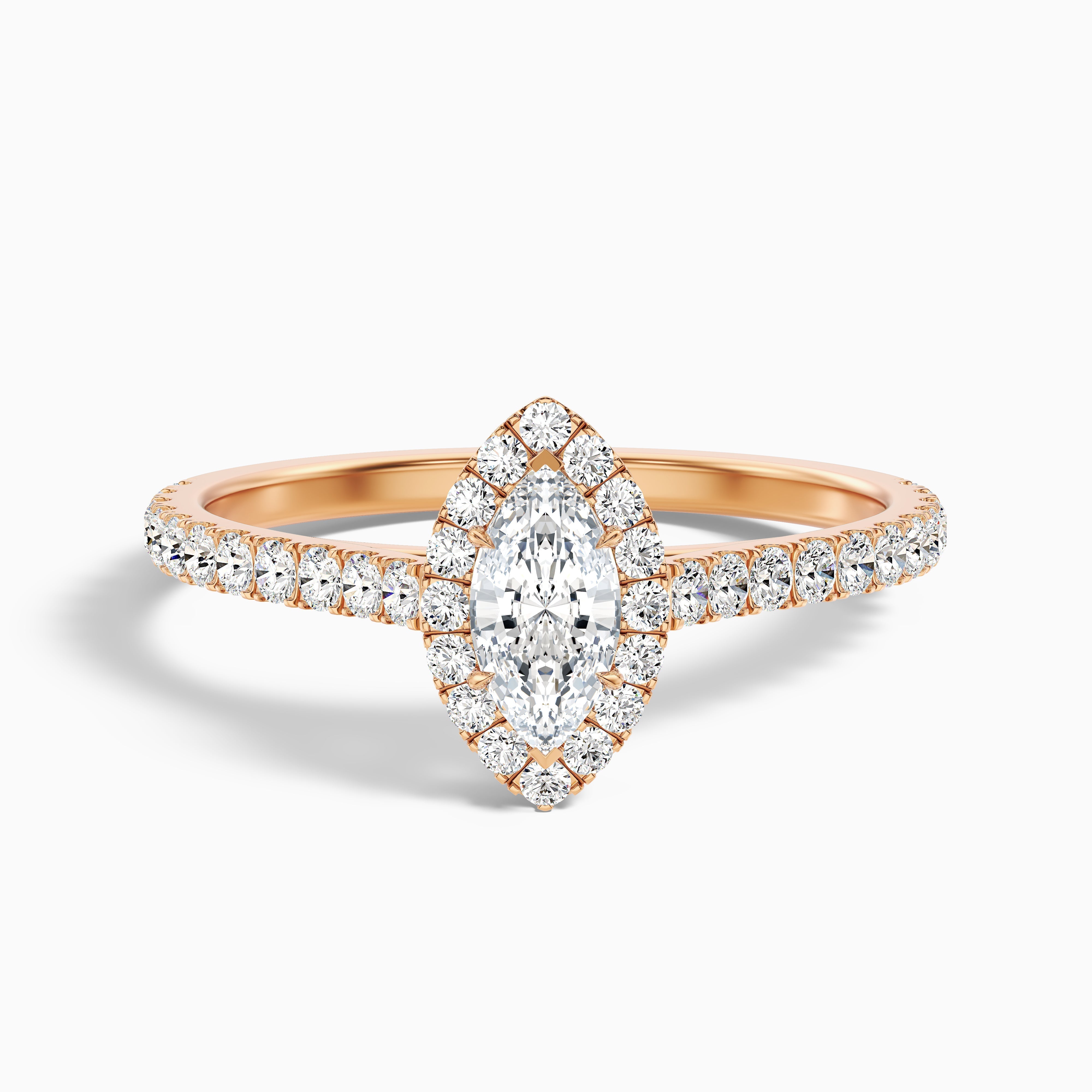 Cara 8 Carat Marquise Halo Pave Moissanite Engagement Ring in 18k Rose Gold