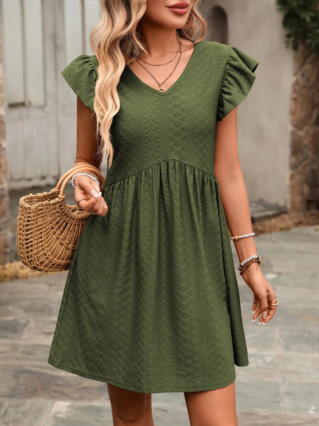 Ruffle Sleeve V-Neck A-Line Dress