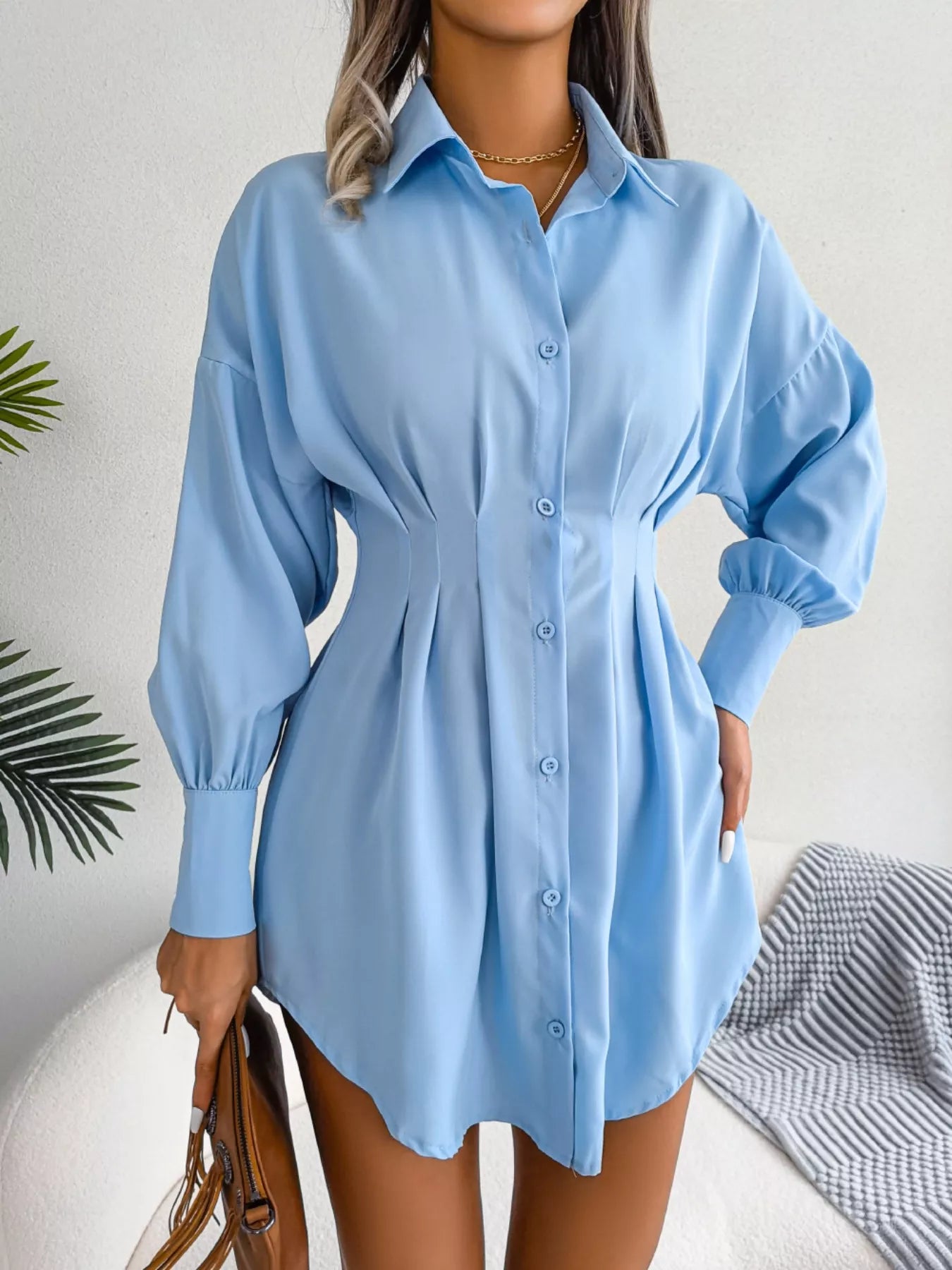 Elegant Button-Down Cinched Waist Mini Shirt Dress