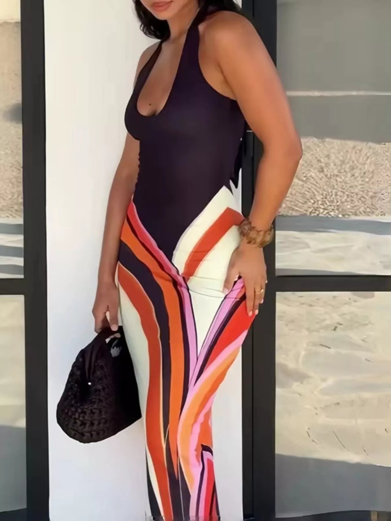 Halter Neck Maxi Dress with Abstract Print