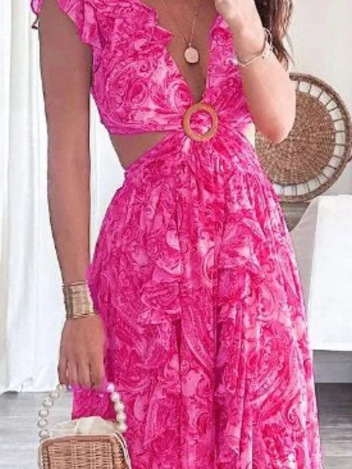 Full Size Ruffled Cutout V-Neck Maxi Dress Plus Size