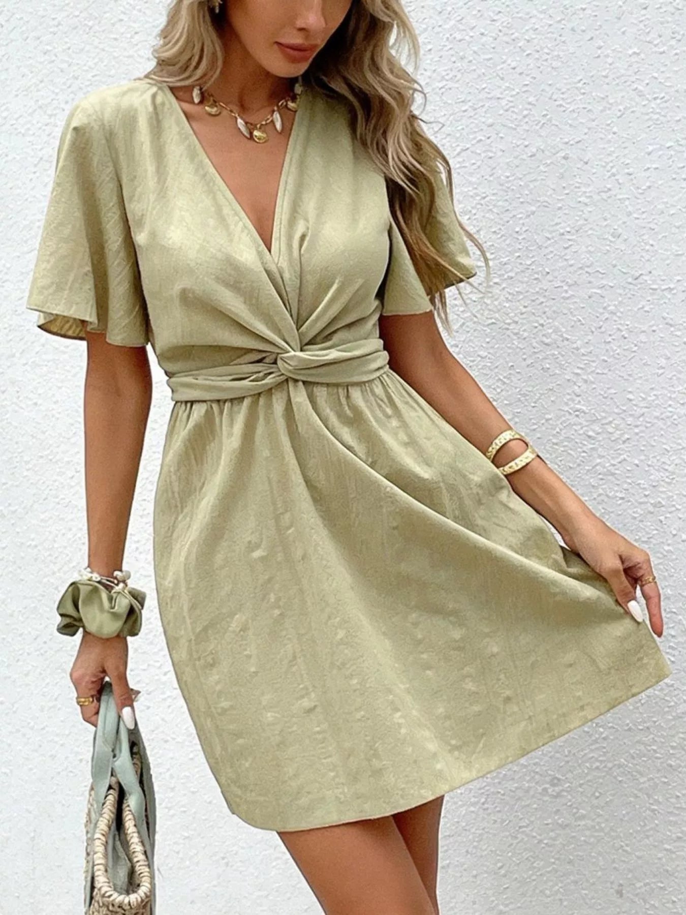 Twist Waist Flutter Sleeve Mini Dress