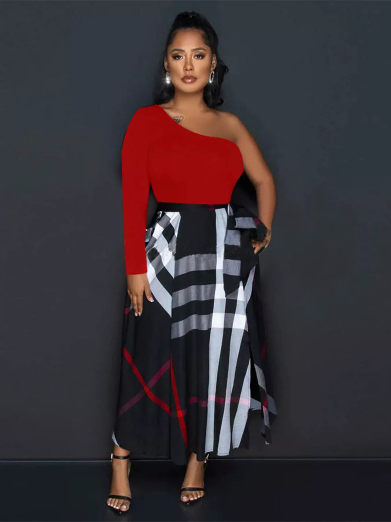 Asymmetrical One-Sleeve Plaid Midi Dress with Waist Tie