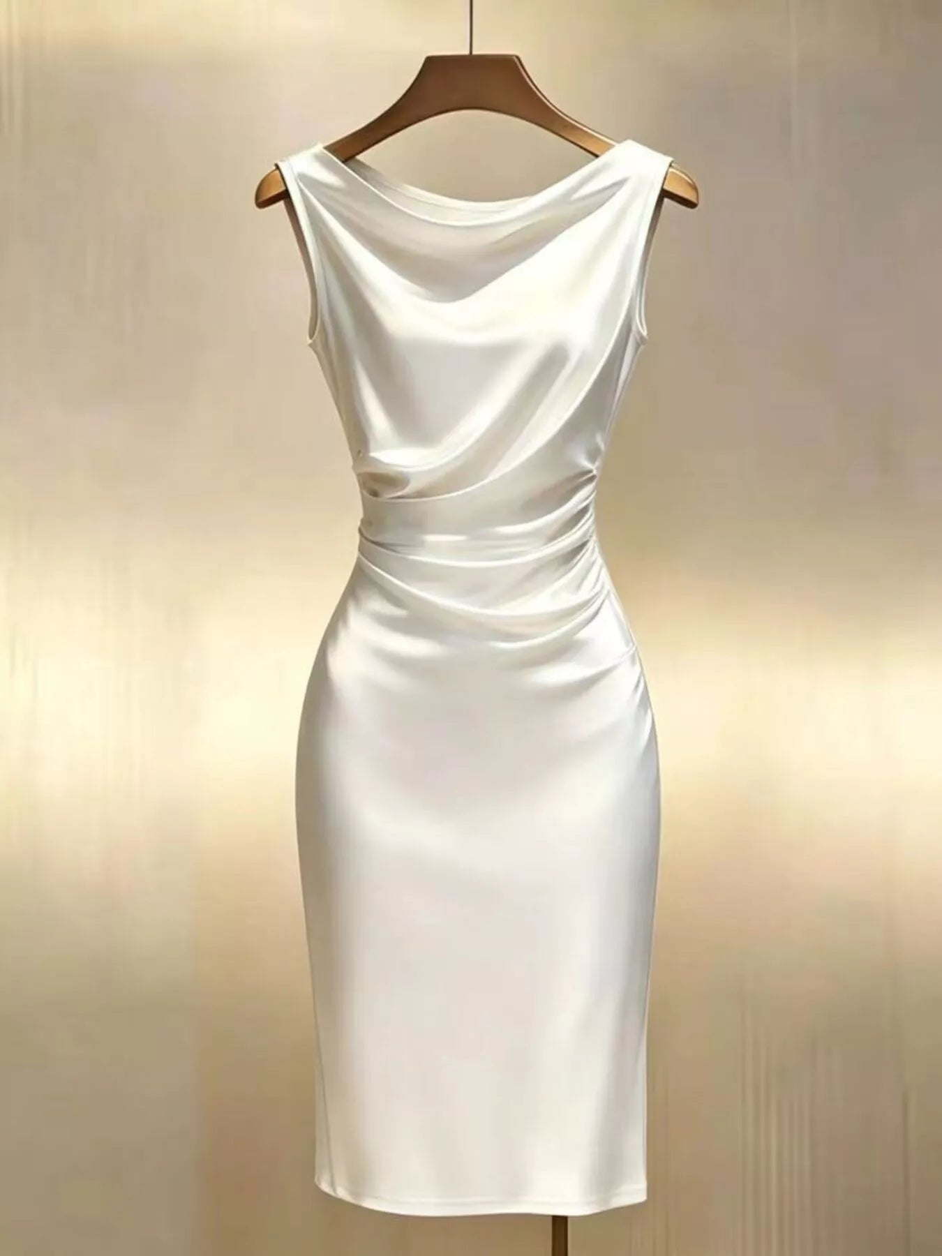 Satin Cowl Neck Ruched Sleeveless Dress