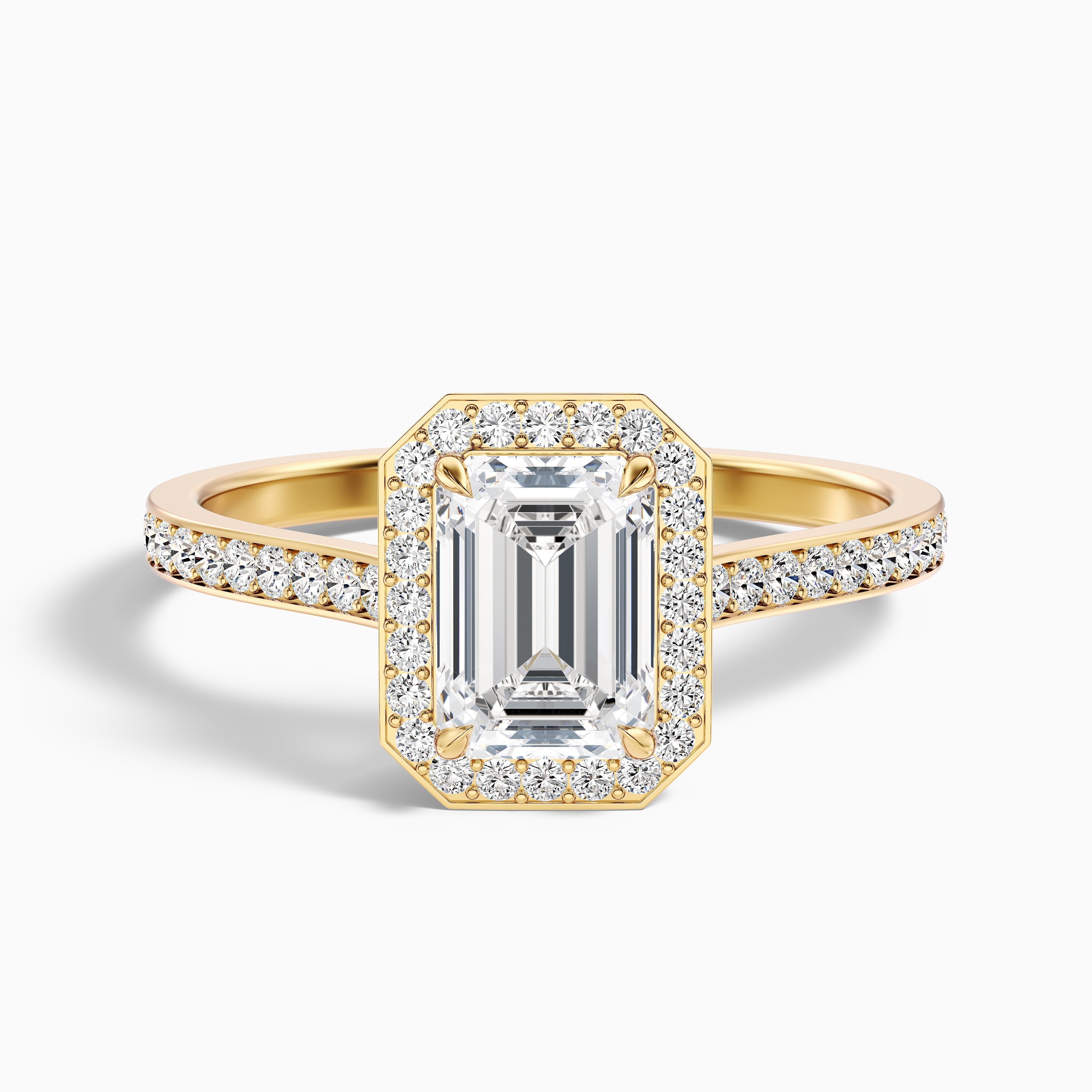 Zoya 5 Carat Emerald Cut Halo Pave Moissanite Engagement Ring in 10k Yellow Gold