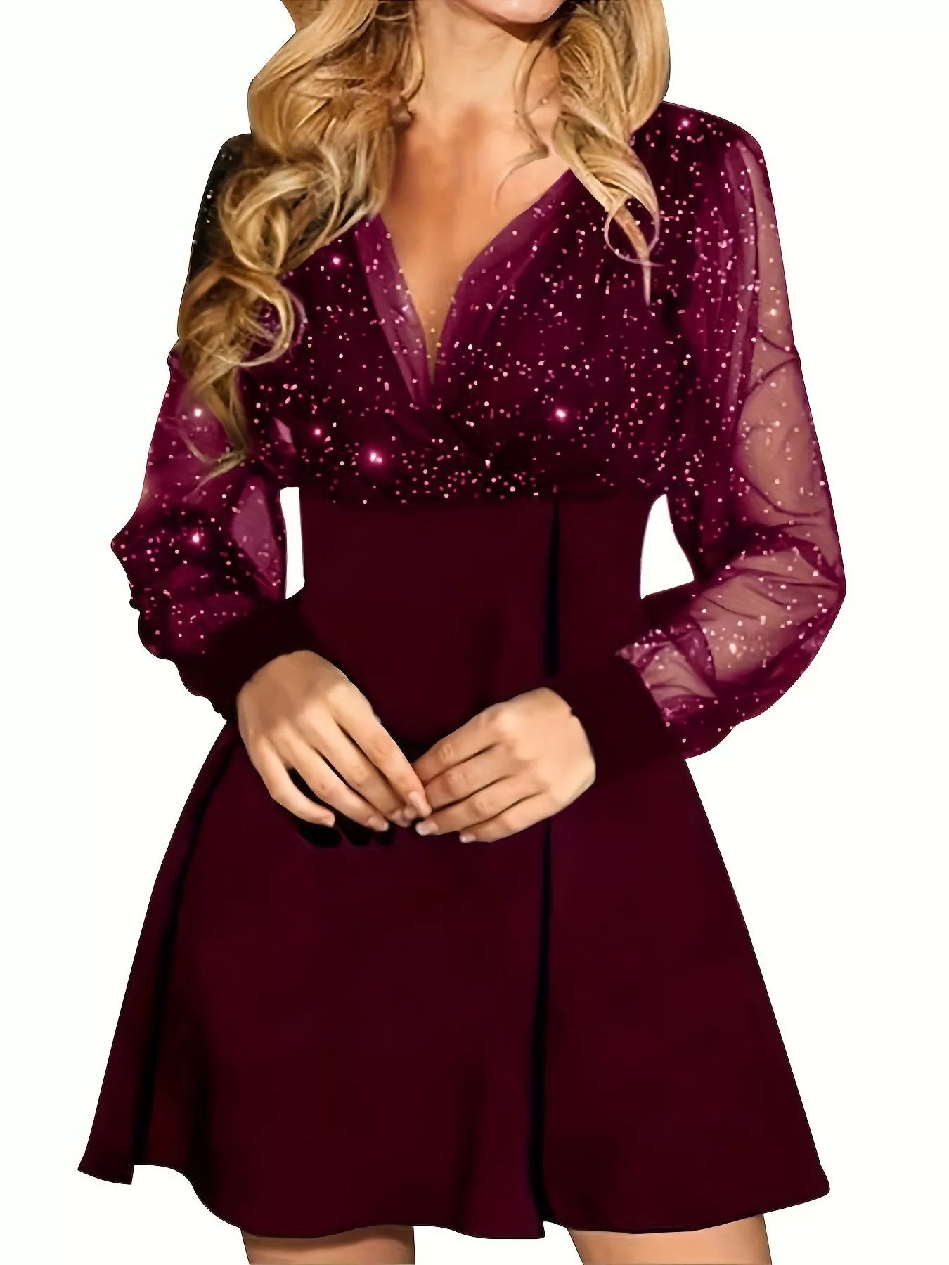 Glitter Mesh Long Sleeve Mini Dress