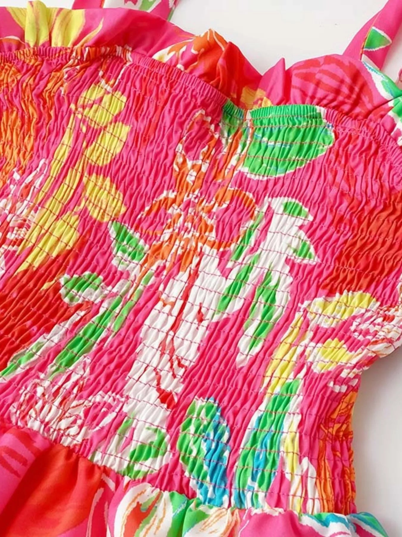 Tropical Print Smocked Tie-Strap Dress