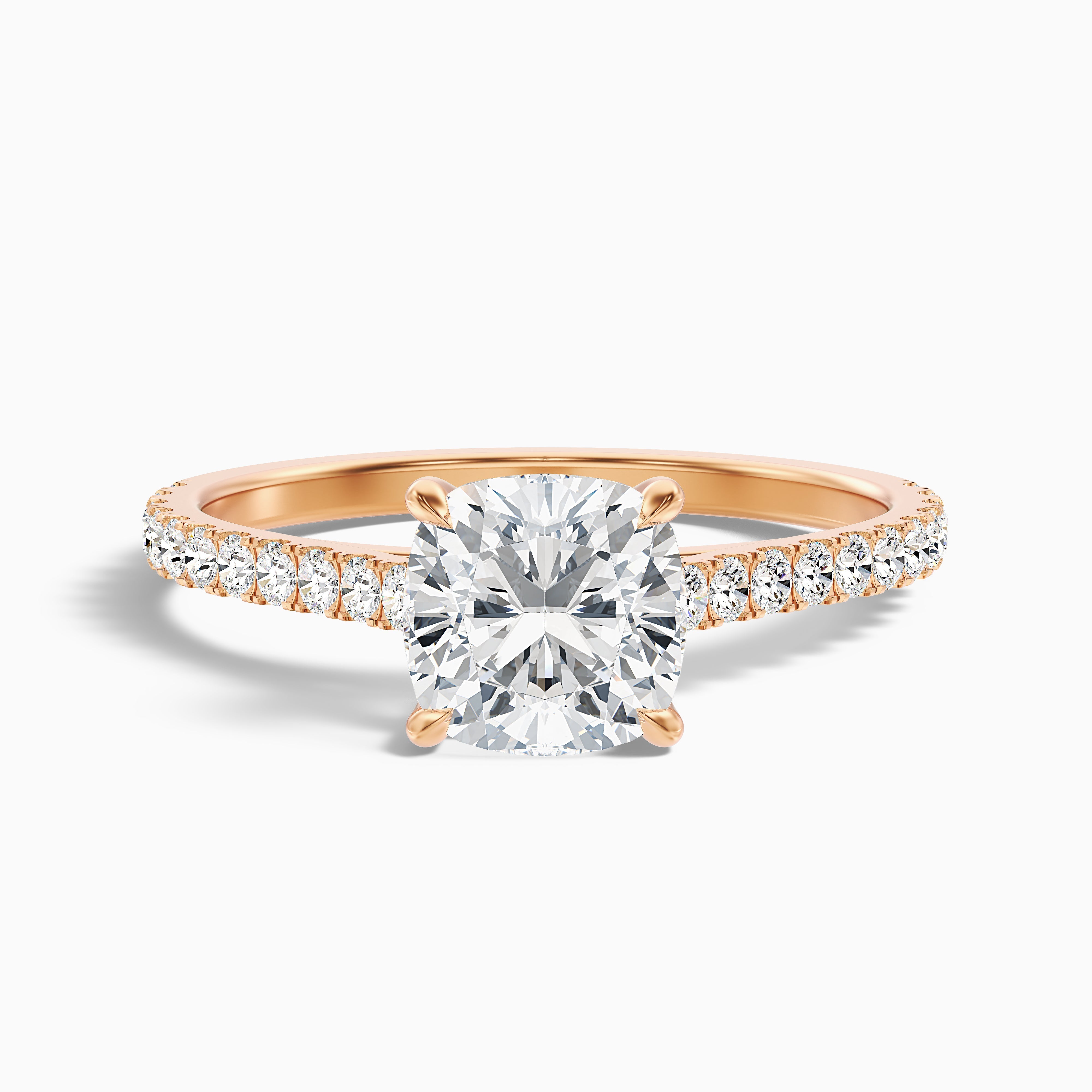 Mary 5 Carat Cushion Cut Side Stone Pave Moissanite Engagement Ring in 18k Rose Gold
