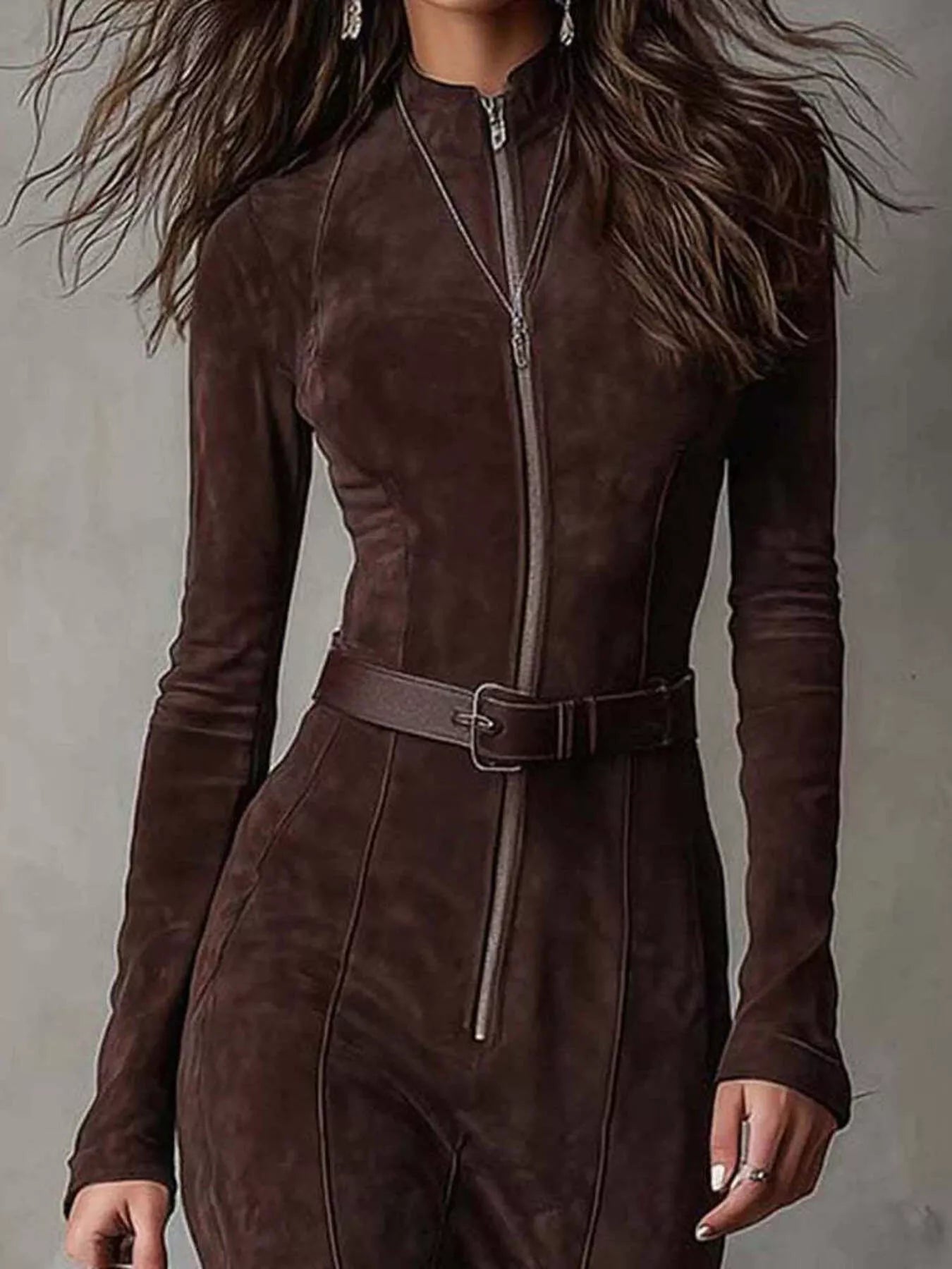 Full Size Slit Zip Front Long Sleeve Dress Plus Size