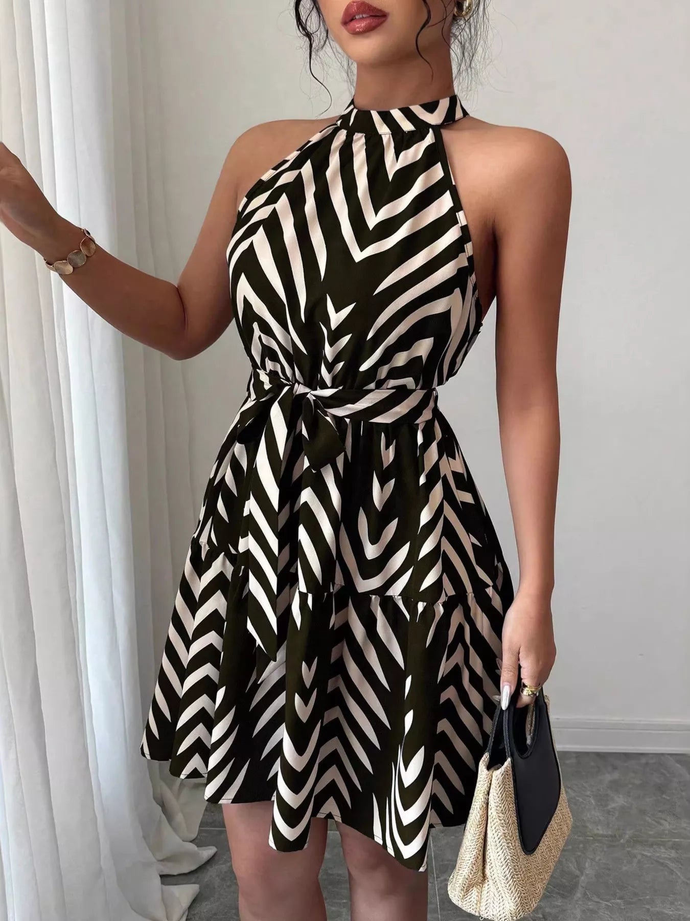 Zebra Print Halter Neck Tie Waist Ruffle Hem Dress