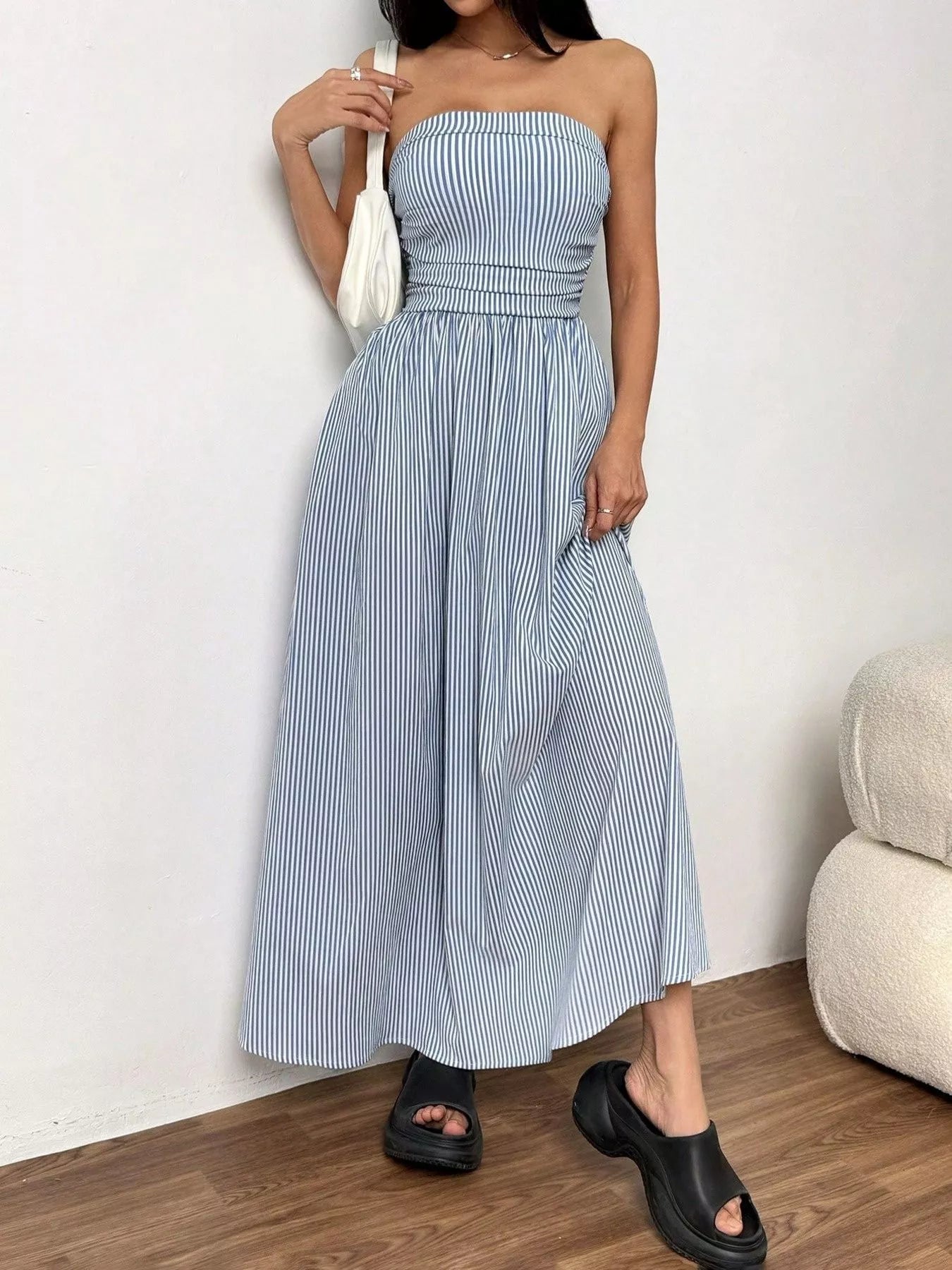 Striped Strapless Casual Maxi Dress