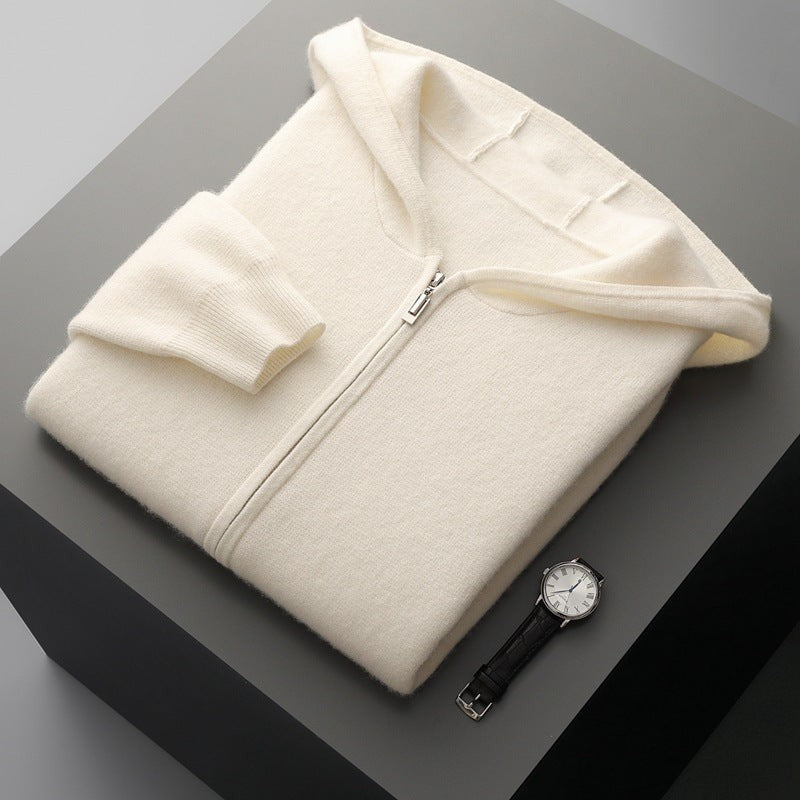 Fall Winter New Cashmere Zip-Up Hooded Sweater Set for Men, Thick Loose Knit Cardigan Jacket