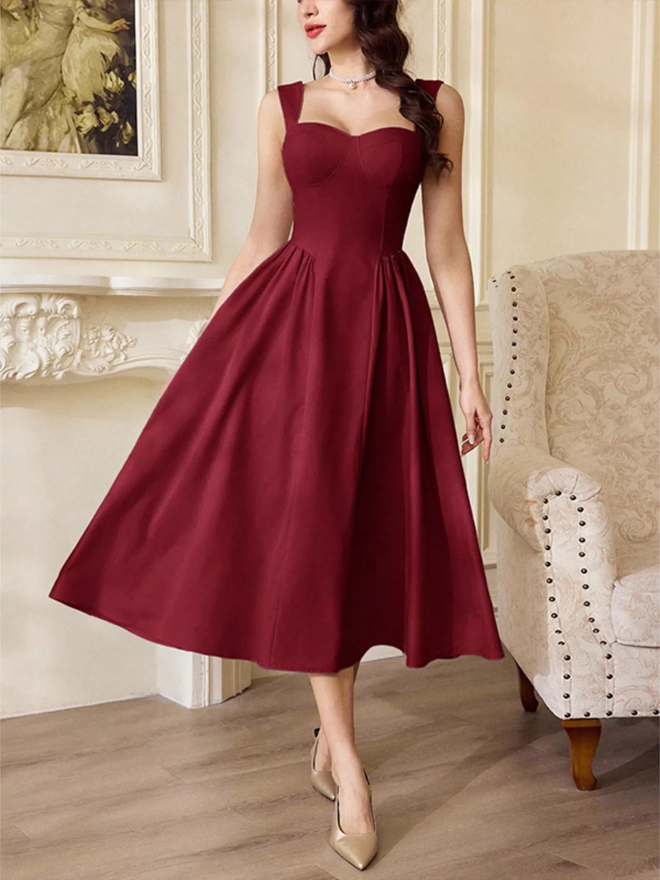 Sweetheart Neckline A-Line Midi Dress