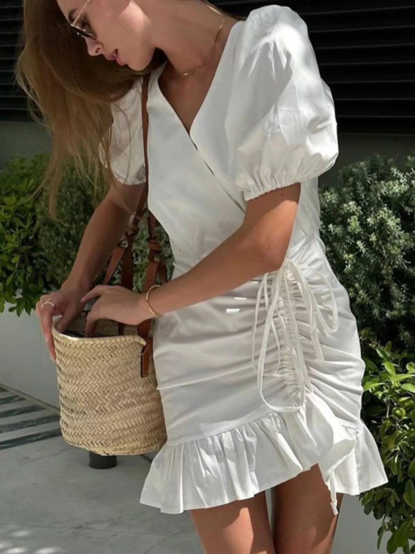 Ruffled Hem Ruched Puff Sleeve Mini Dress