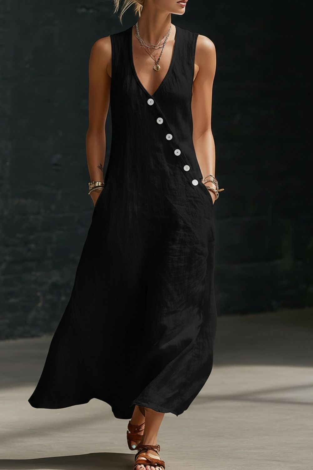 Sleeveless Button-Down Midi Dress