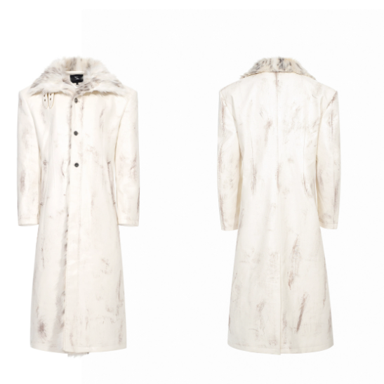 Hand-painted Distressed Long Leather Coat For Men