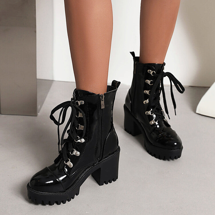 Patent Leather Chunky-heel Riding Boots With A Thick Sole Front
