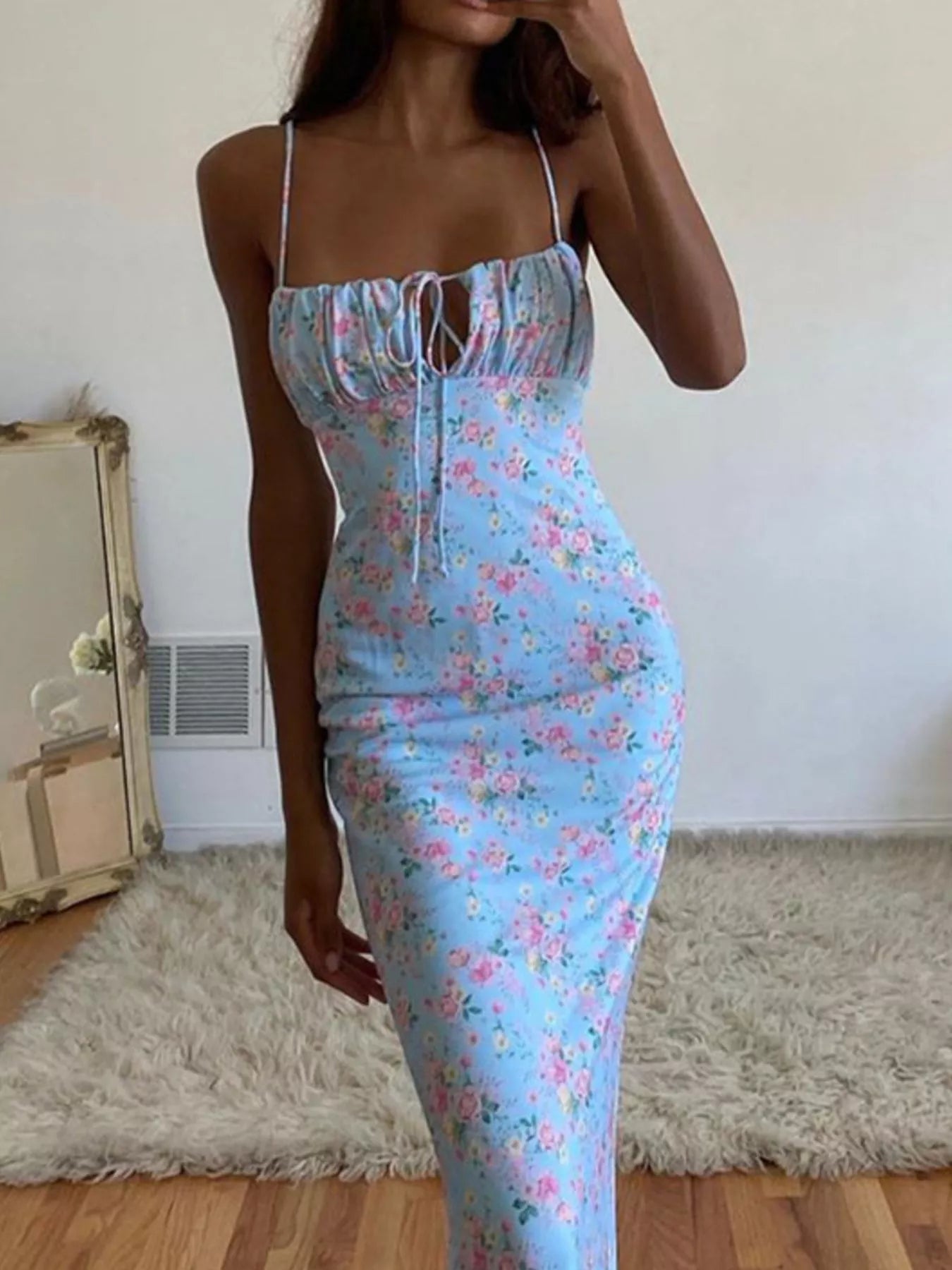 Floral Print Tie Strap Bodycon Maxi Dress