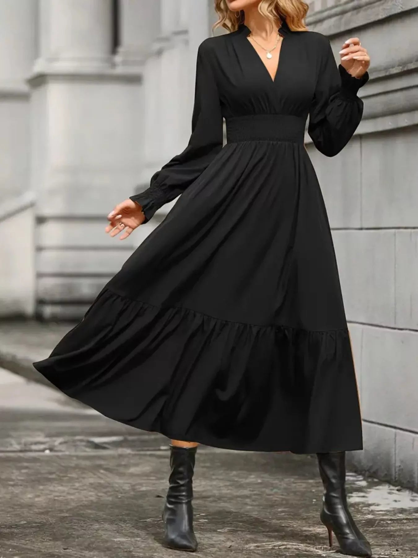 Surplice Long Sleeve Tiered Midi Dress