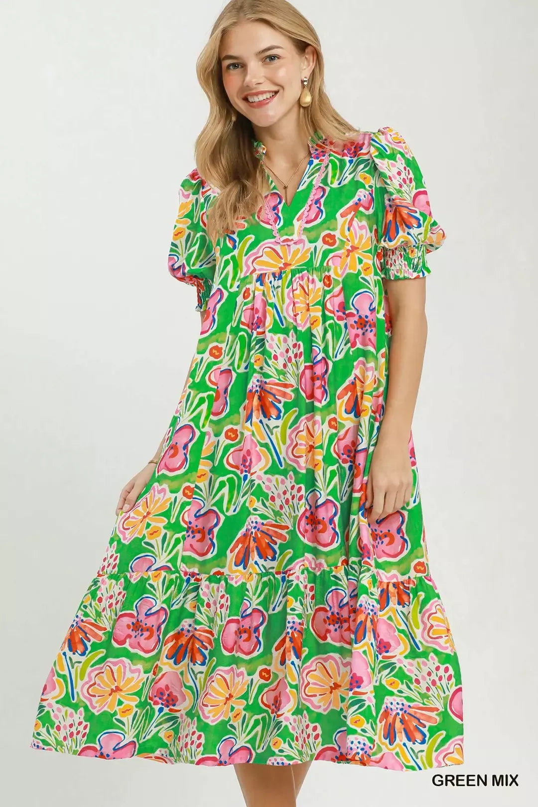 Umgee Floral Print Puff Sleeve Tiered Midi Dress