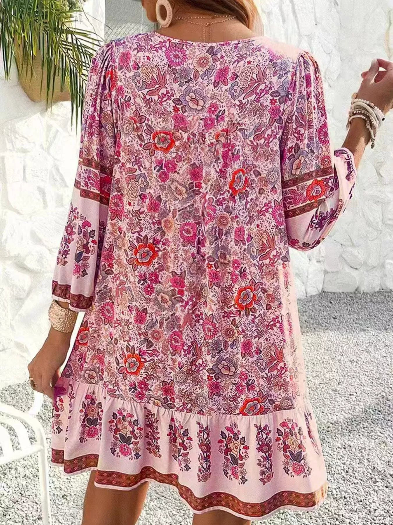 Floral Print Tassel Tie Neck Mini Dress