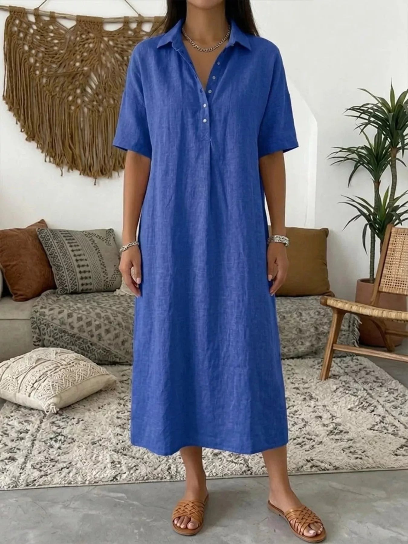 Full Size Button Detail Half Sleeve Dress Plus Size