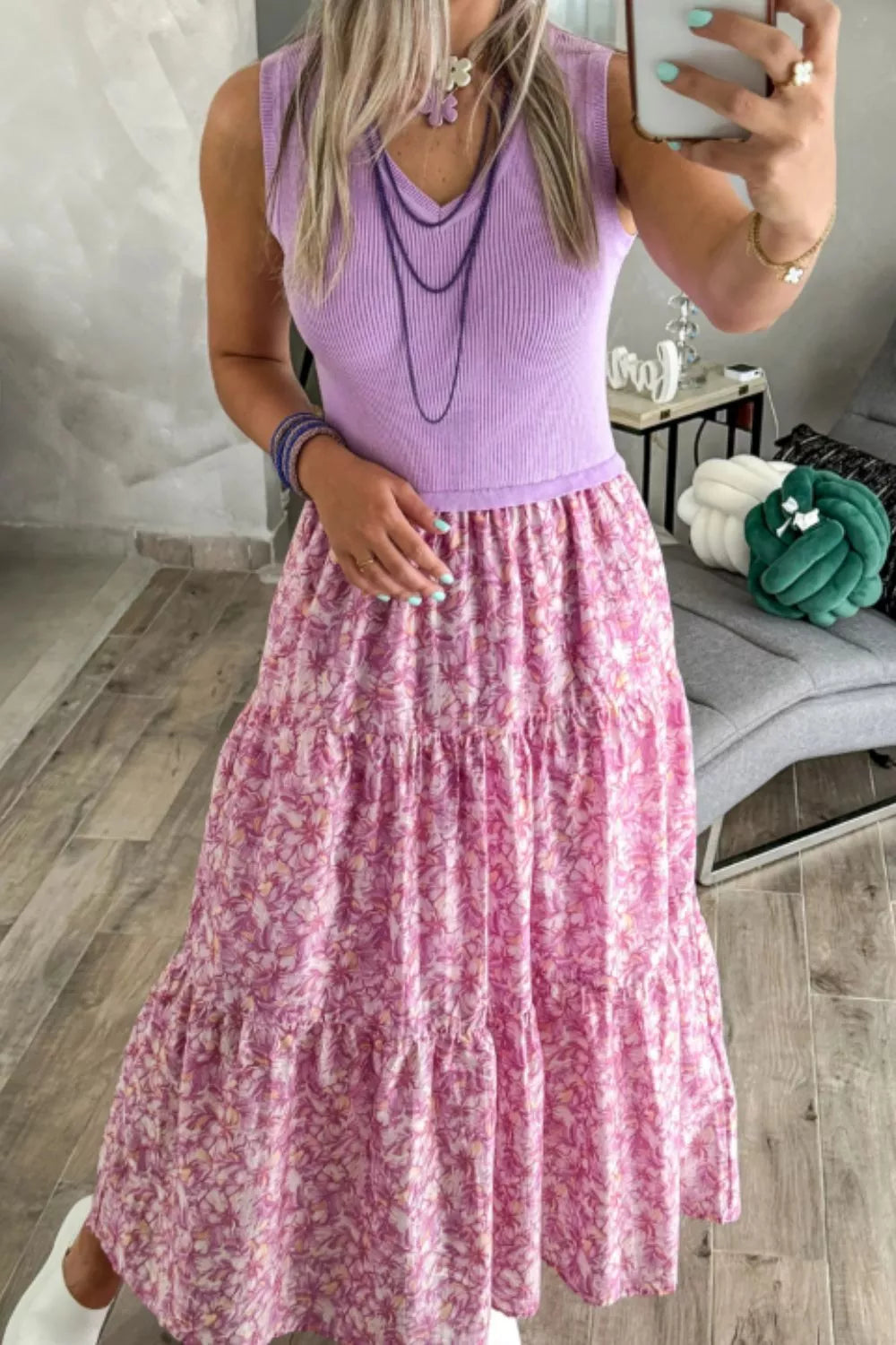 Ribbed V Neck Tank Floral Contrast Patchwork Dress