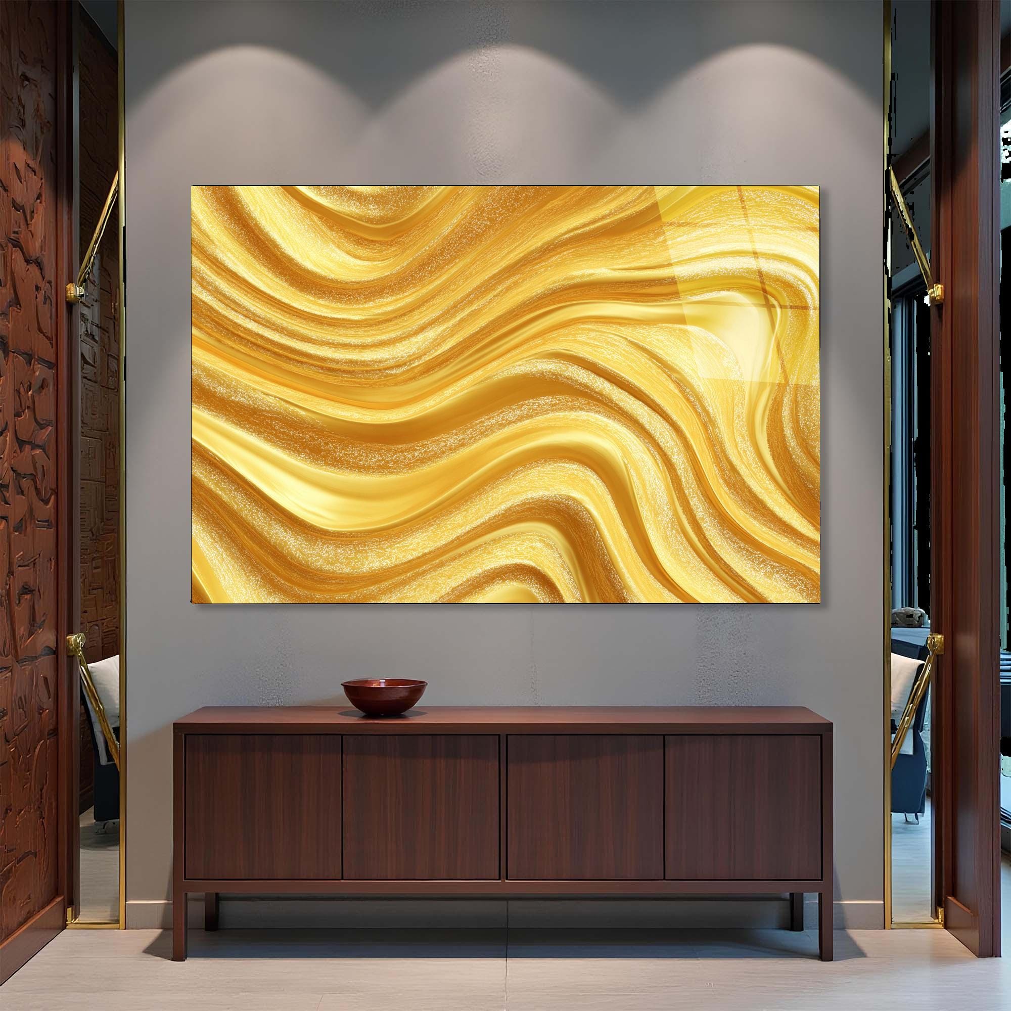 Abstract Gold Flow Tempered Glass Wall Art | Modern Luxury Decor