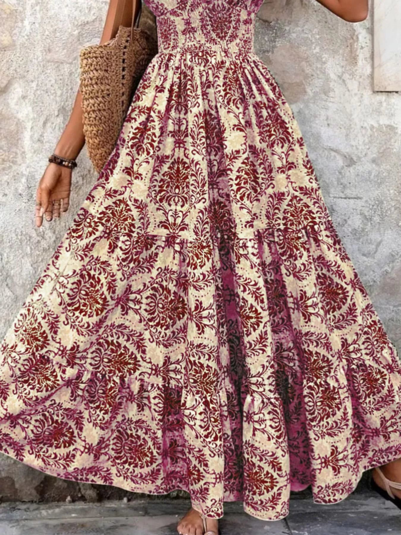 Full Size Printed V-Neck Tiered Maxi Dress Plus Size