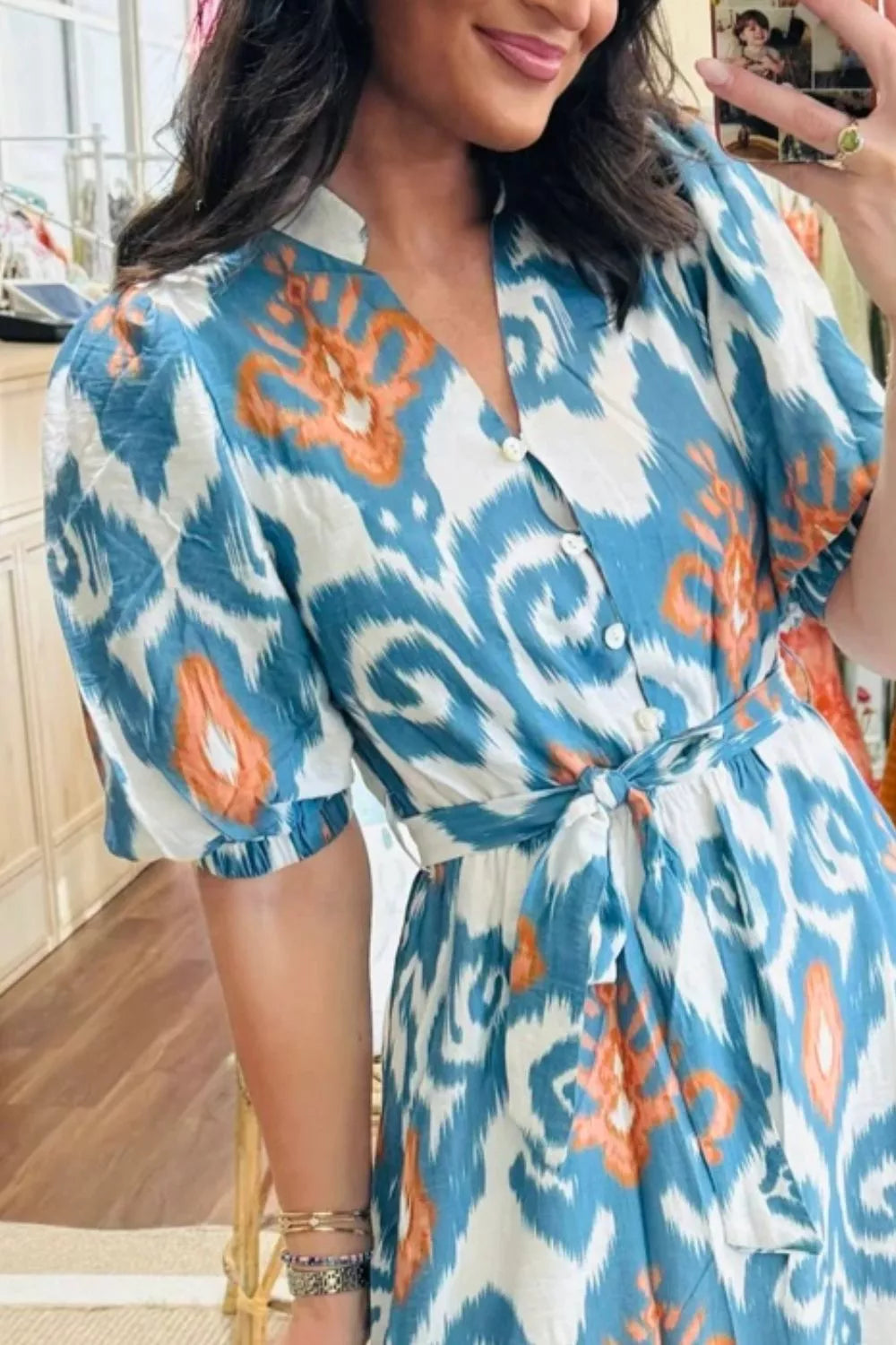 Floral Print Short Puff Sleeve Button Down Ruffle Hem Midi Dress