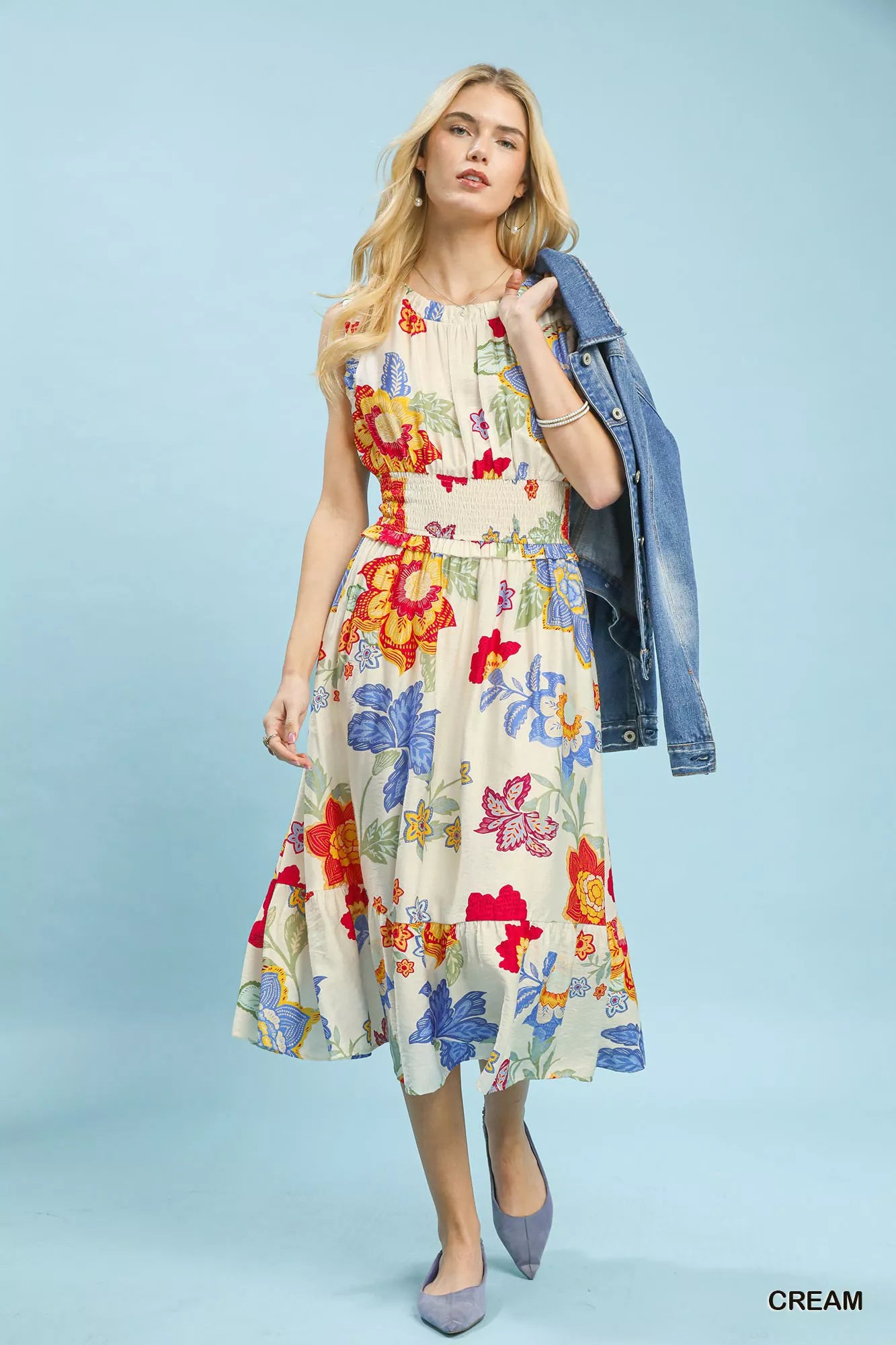 Umgee Floral Smocked Midi Dress