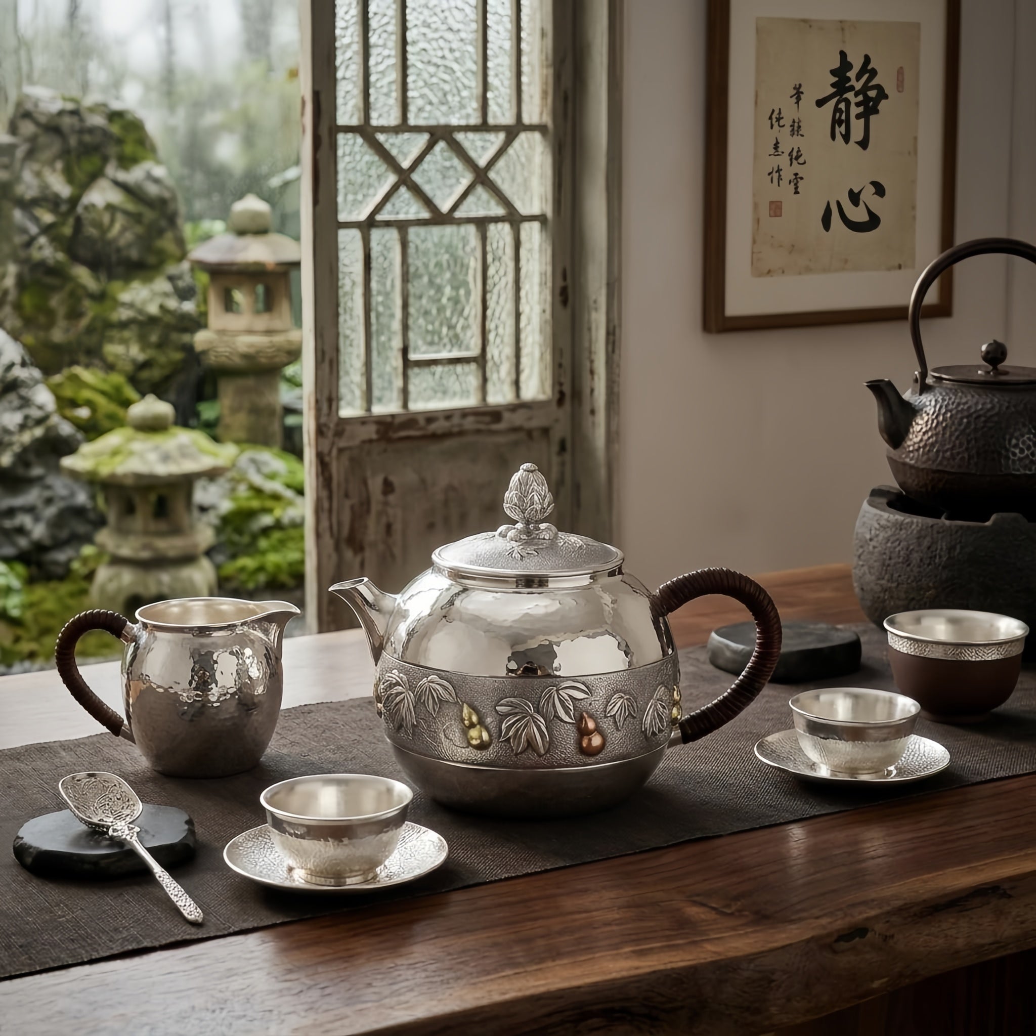 Pure 999 Fine Silver Handcrafted Silver Teapot with Embossed Leaf and Gourd Motifs and Woven Handle - Handicraft