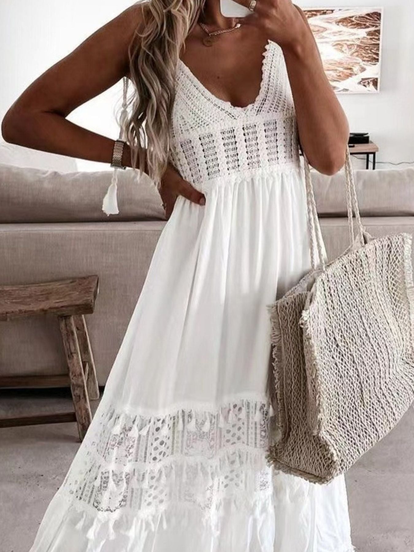 Full Size Bohemian Crochet Trimmed Cami Dress with Tassel Trim Plus Size