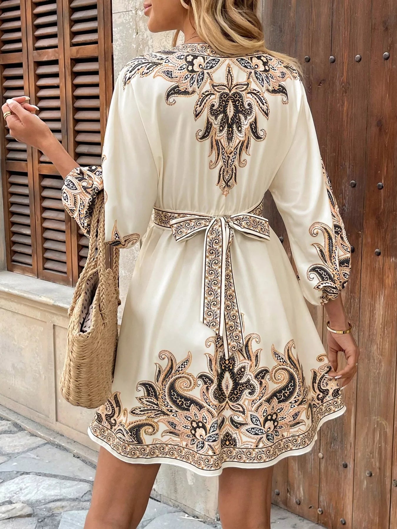 Paisley Print V-Neck Belted Mini Dress