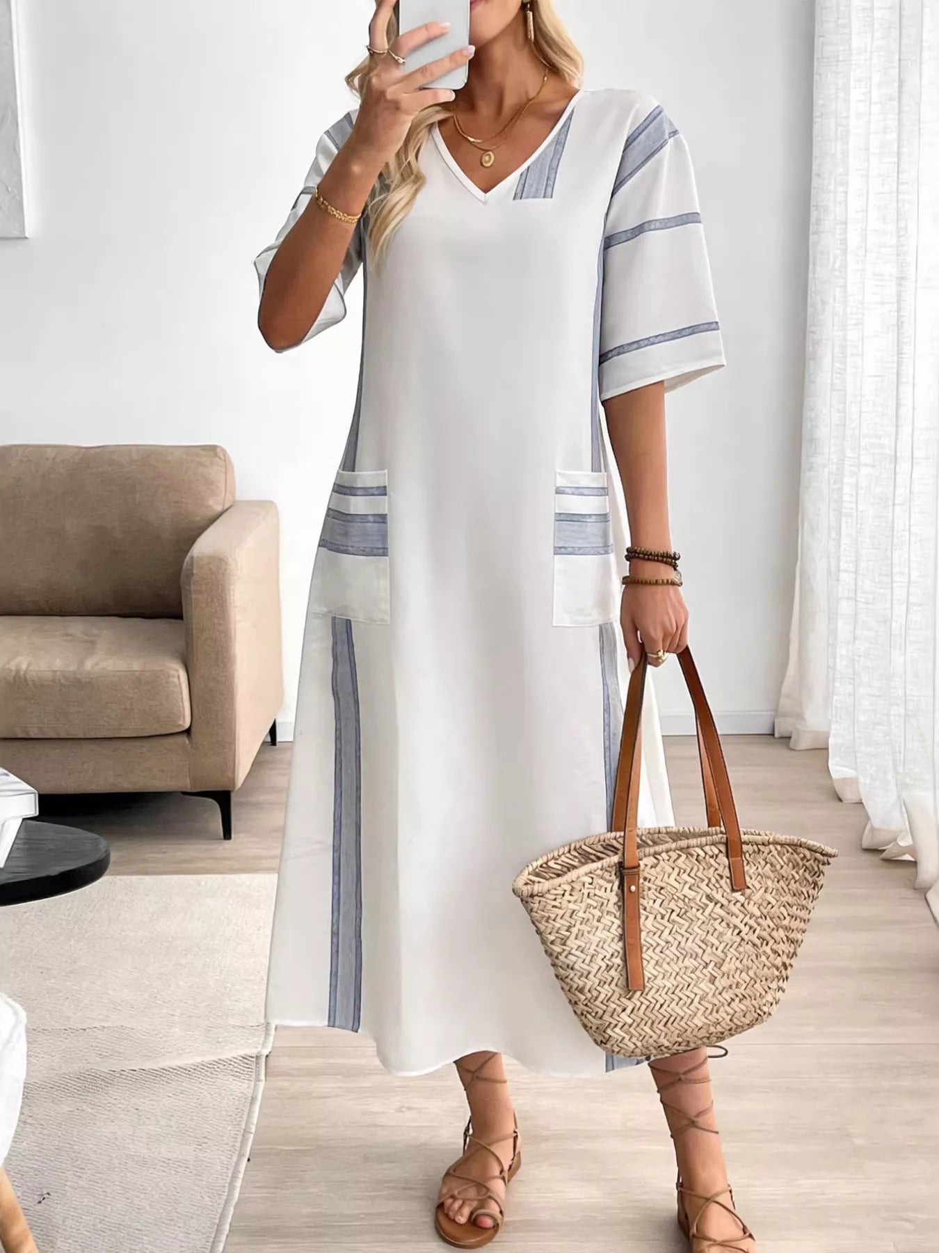 Striped V-Neck Maxi Dress
