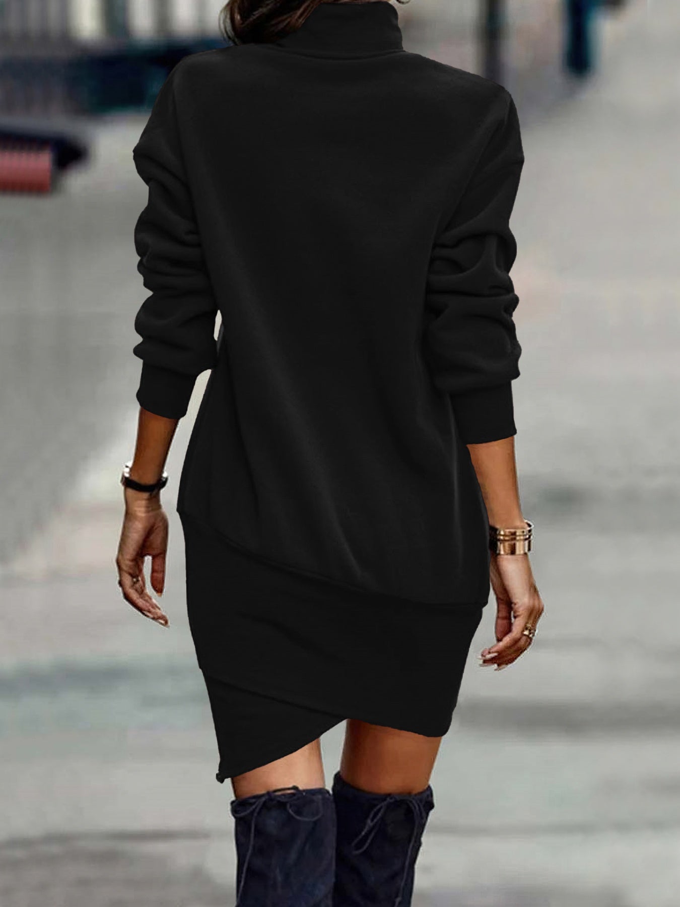 Turtleneck Long Sleeve Asymmetrical Hem Mini Dress