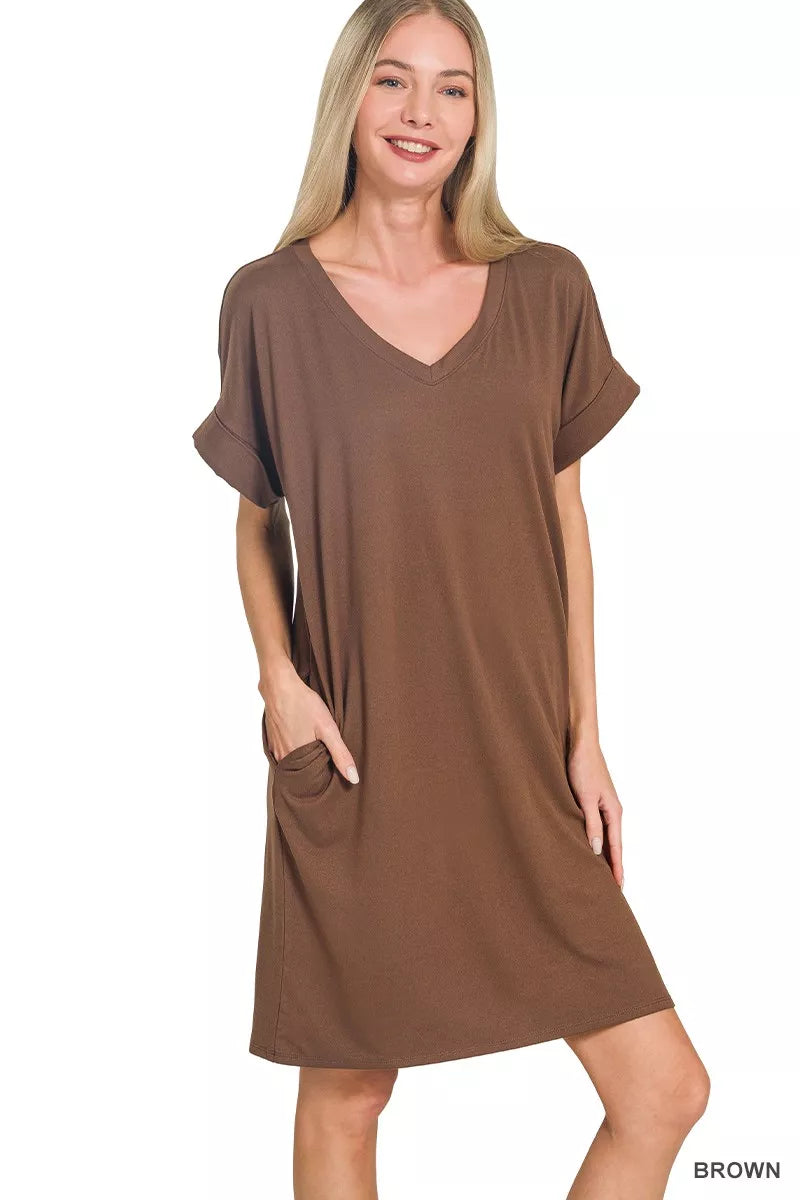 Zenana Brushed Dty Rolled Short Sleeve V-Neck Dress