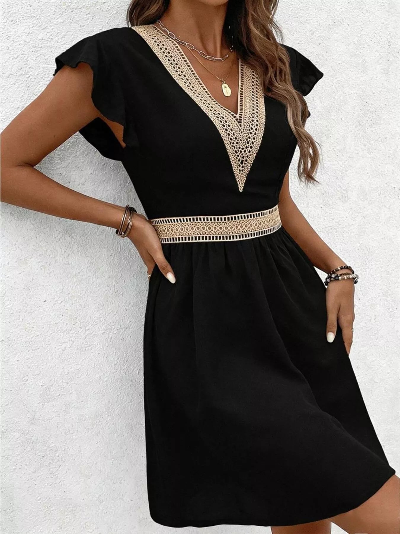 V-Neck Ruffle Sleeve Mini Dress