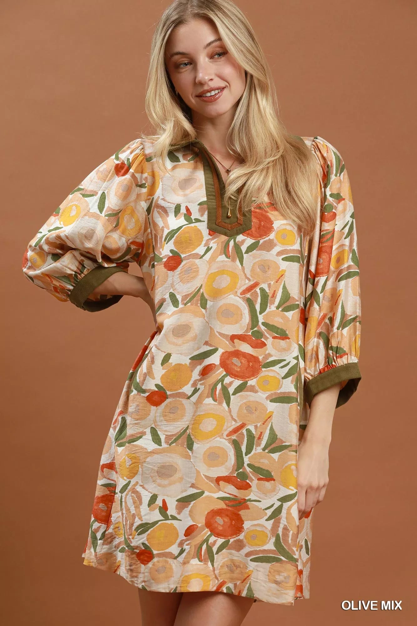 Umgee Mix Floral Contrast Trim Shift Mini Dress