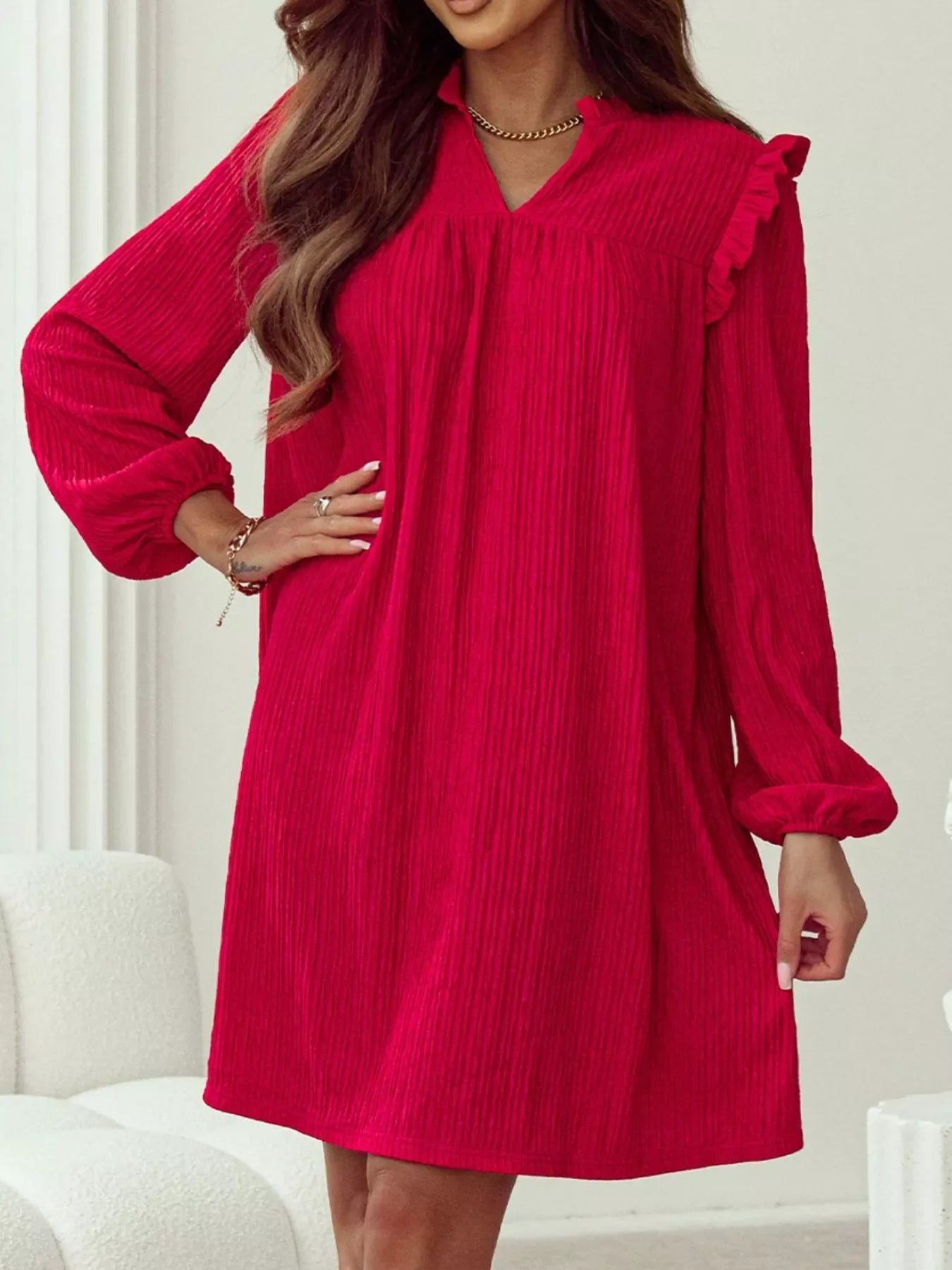 Textured Ruffled Trim Loose Fit Mini Dress