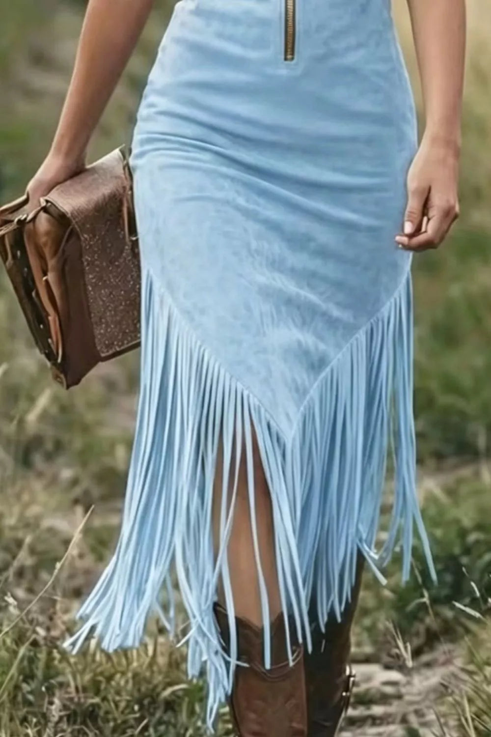 Fringe Zip Front Sleeveless Dress