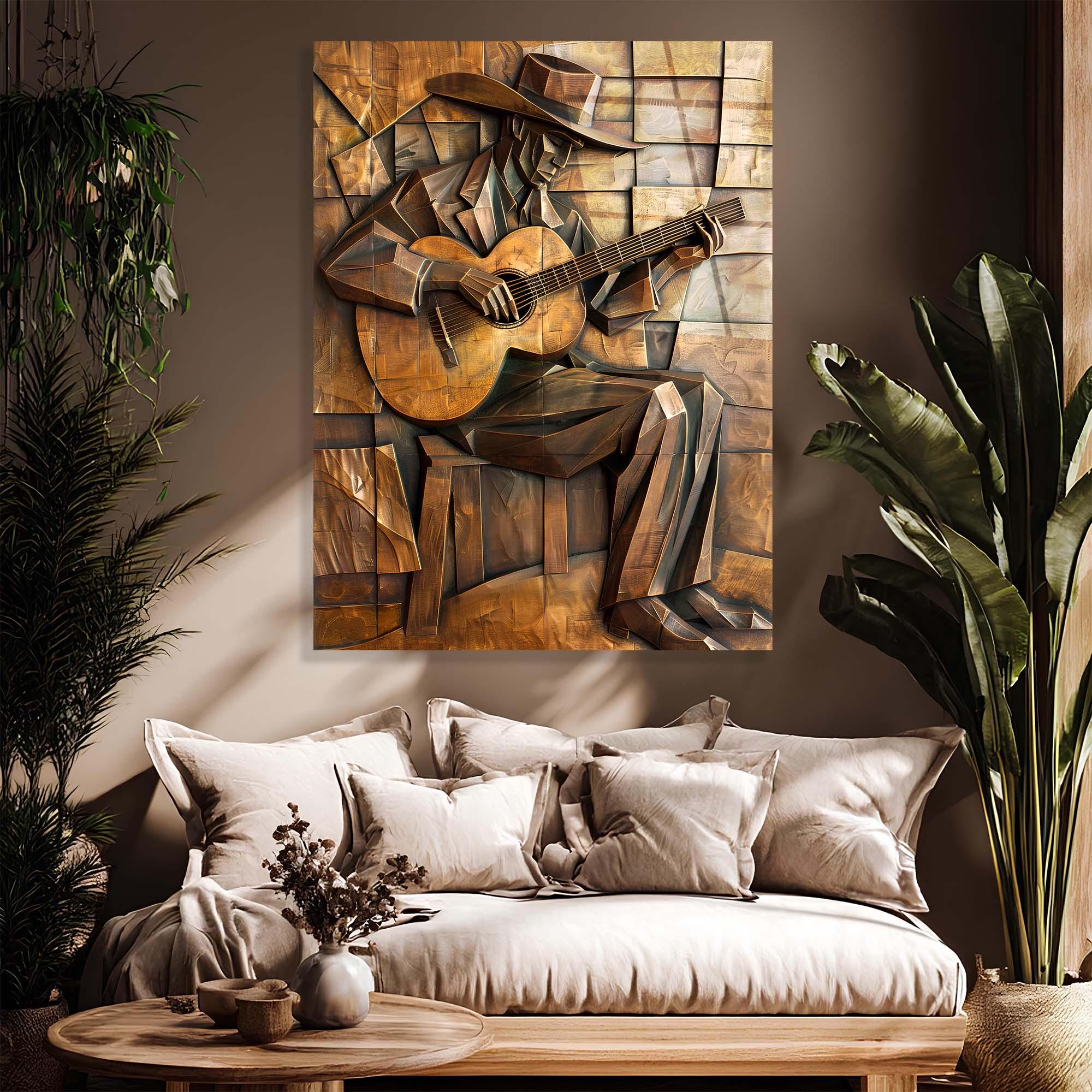 Cubist Guitarist Tempered Glass Wall Art | Modern Rustic Decor