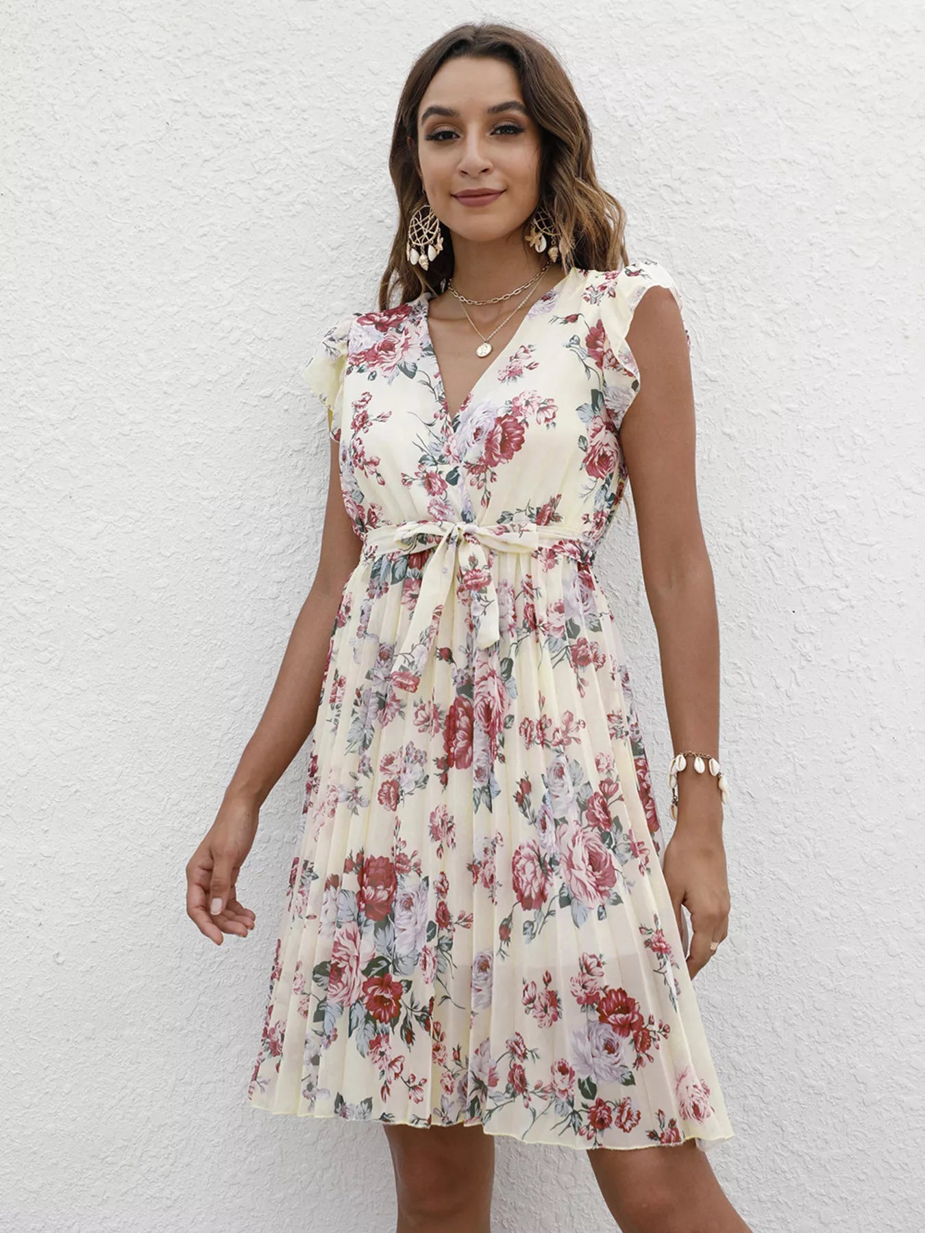 Pleated Floral Print Ruffle Sleeve Dress